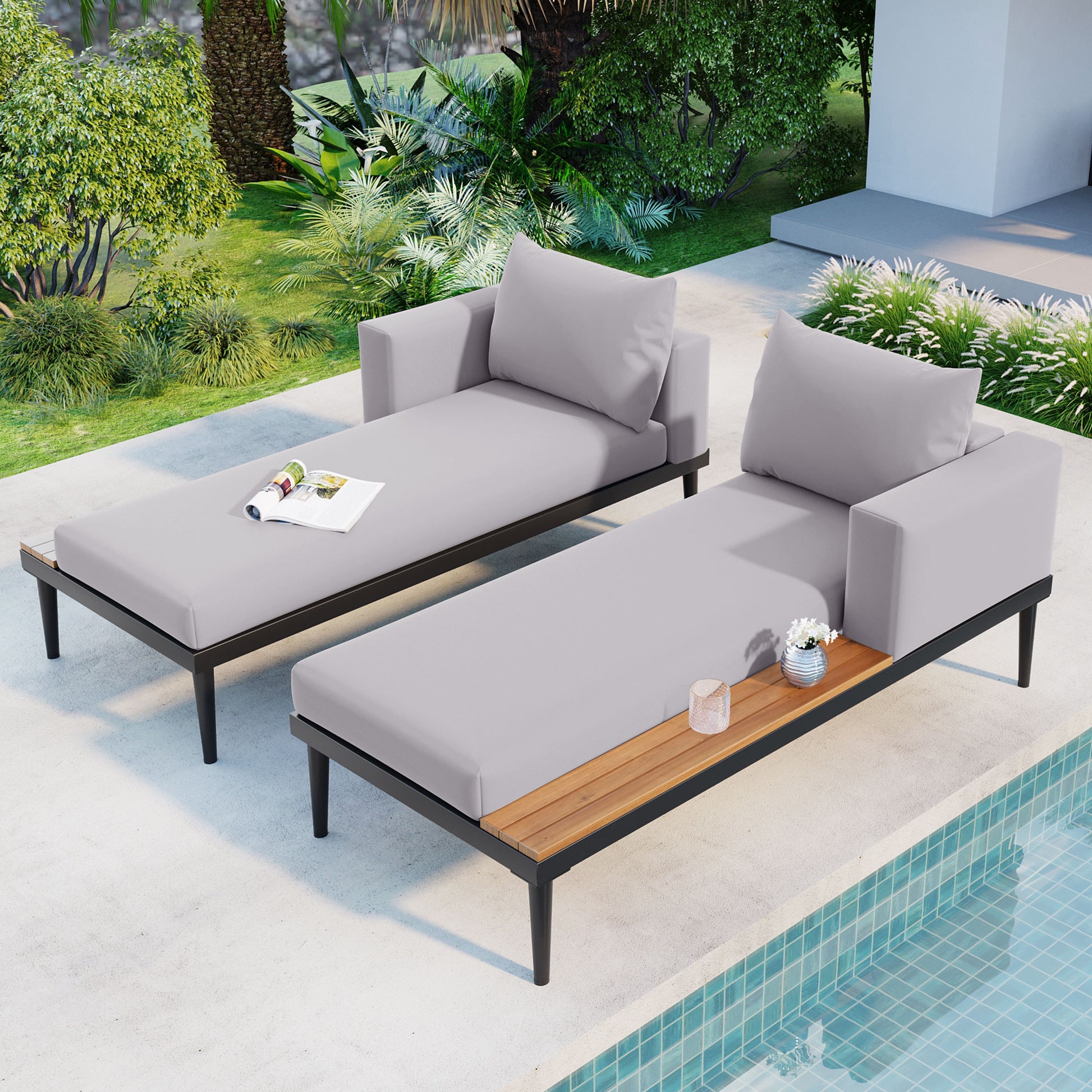 Modern Outdoor Daybed Patio Metal Daybed With Wood Topped Side Spaces For Drinks, 2 In 1 Padded Chaise Lounges For Poolside, Balcony, Deck, Gray Yes Lounge Gray Weather Resistant Frame Fade