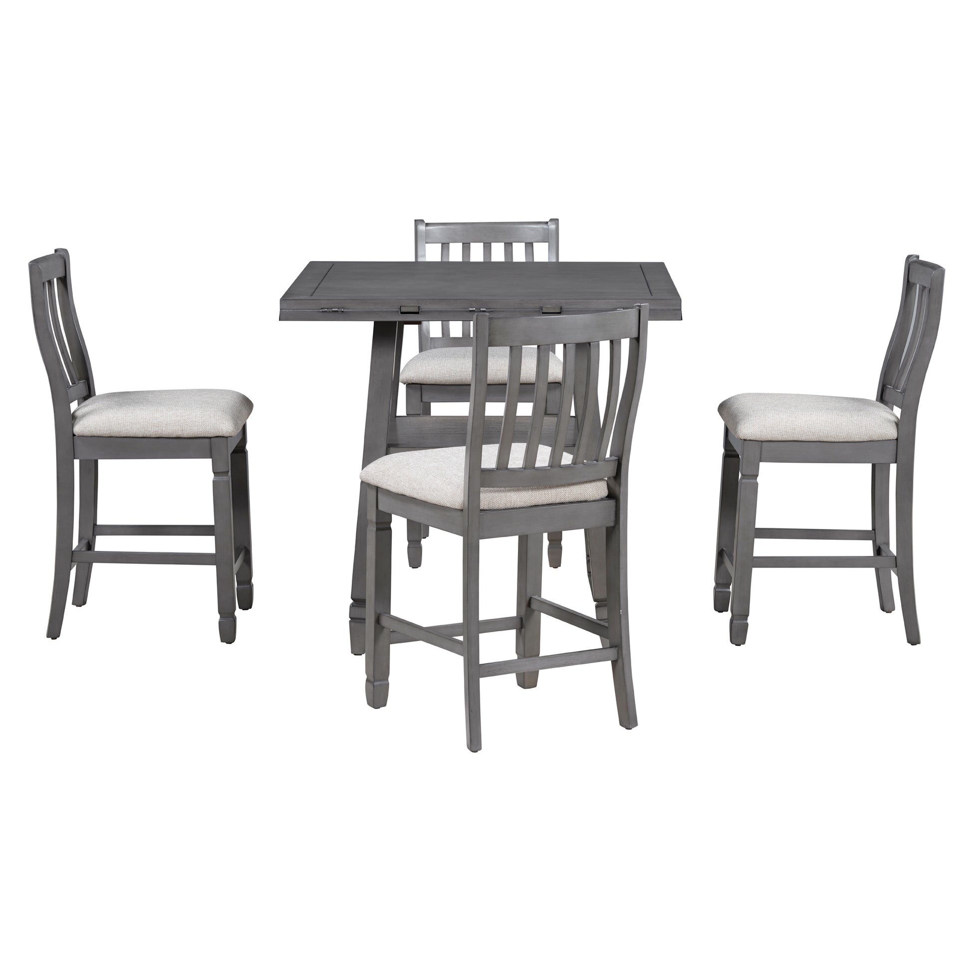 5 Piece Counter Height Dining Table Set In 2 Table Sizes With 4 Folding Leaves And 4 Upholstered Chairs For Dining Room Gray Beige Cushion Upholstered Chair Wood Gray Beige Seats 4 Wood Dining Room Drop Leaf Folding American Traditional,Antique Acacia 4