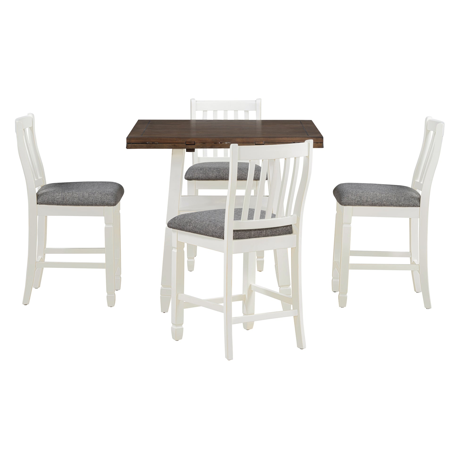 5 Piece Counter Height Dining Table Set In 2 Table Sizes With 4 Folding Leaves And 4 Upholstered Chairs For Dining Room Espresso White Gray Cushion Upholstered Chair Wood Espresso White Seats 4 Wood Dining Room Drop Leaf Folding American