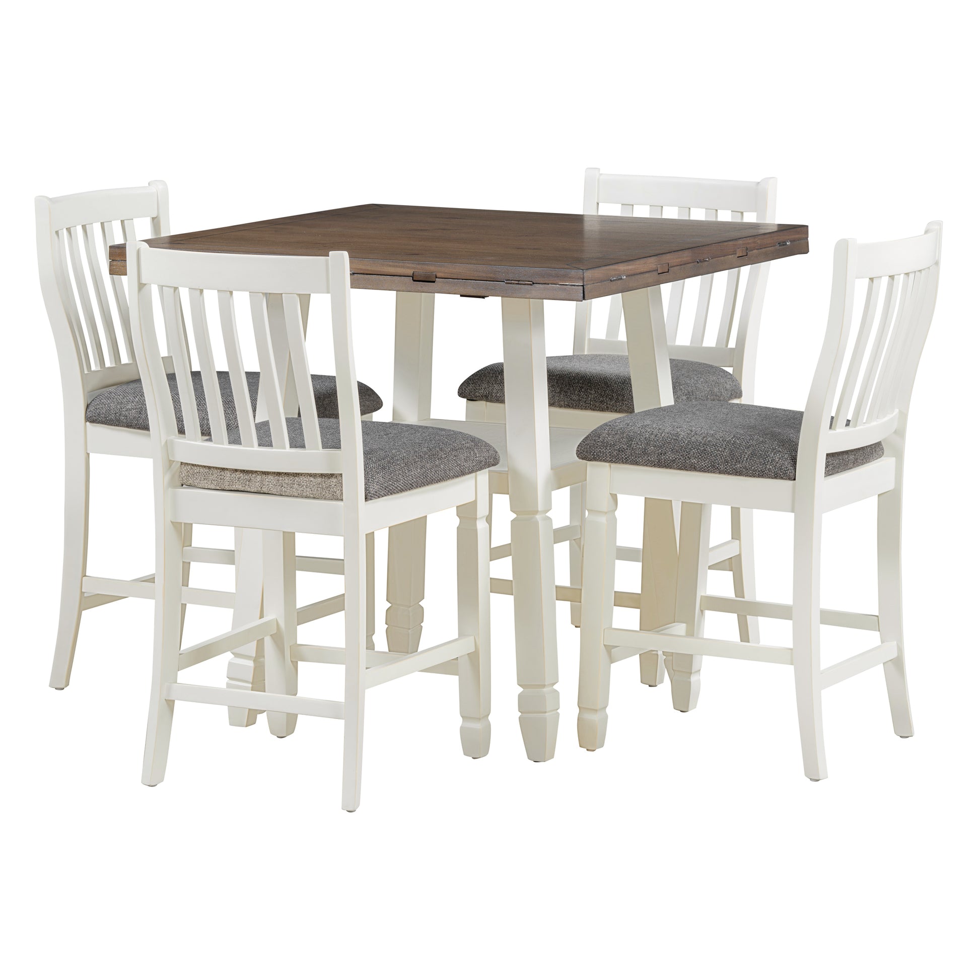 5 Piece Counter Height Dining Table Set In 2 Table Sizes With 4 Folding Leaves And 4 Upholstered Chairs For Dining Room Espresso White Gray Cushion Upholstered Chair Wood Espresso White Seats 4 Wood Dining Room Drop Leaf Folding American