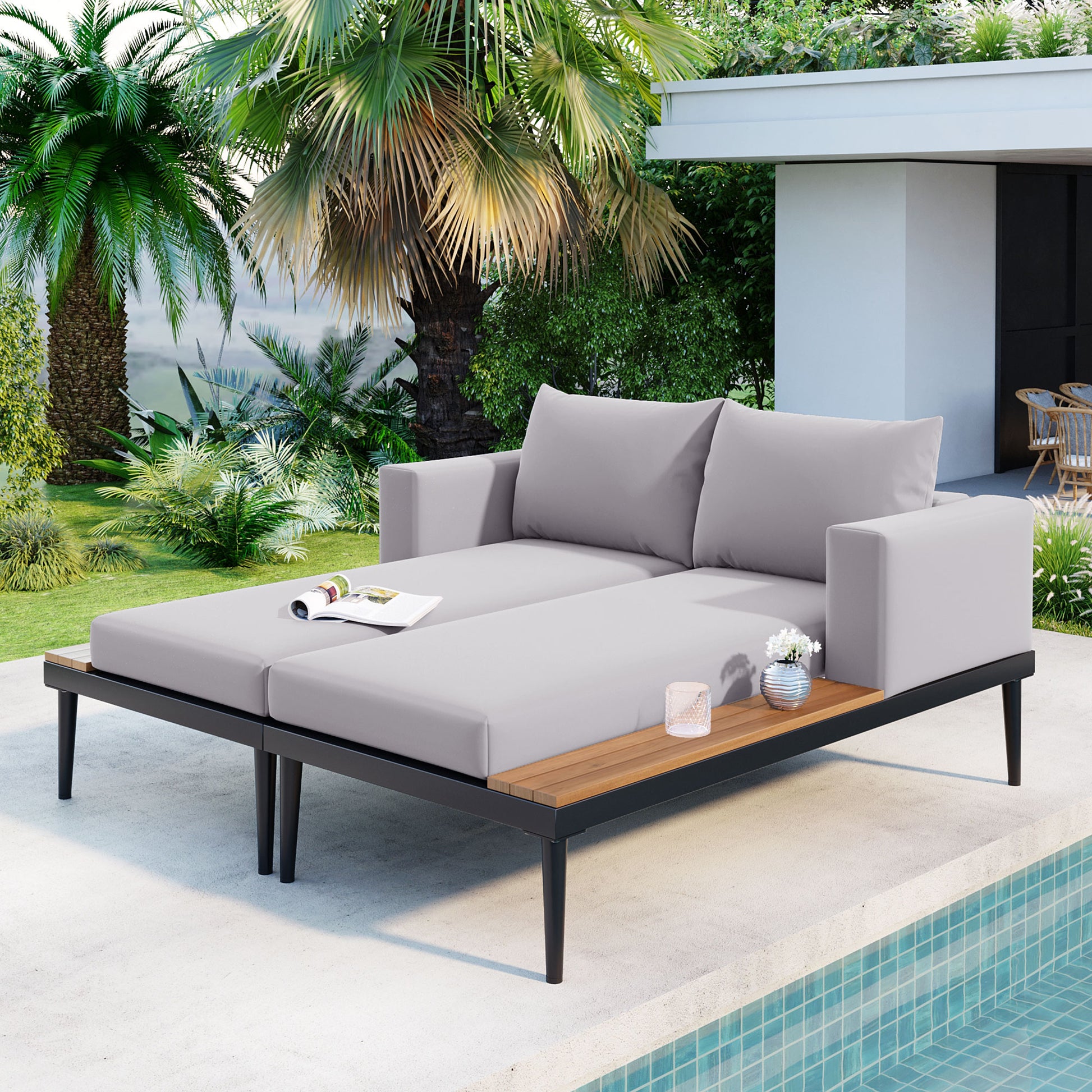 Modern Outdoor Daybed Patio Metal Daybed With Wood Topped Side Spaces For Drinks, 2 In 1 Padded Chaise Lounges For Poolside, Balcony, Deck, Gray Yes Lounge Gray Weather Resistant Frame Fade