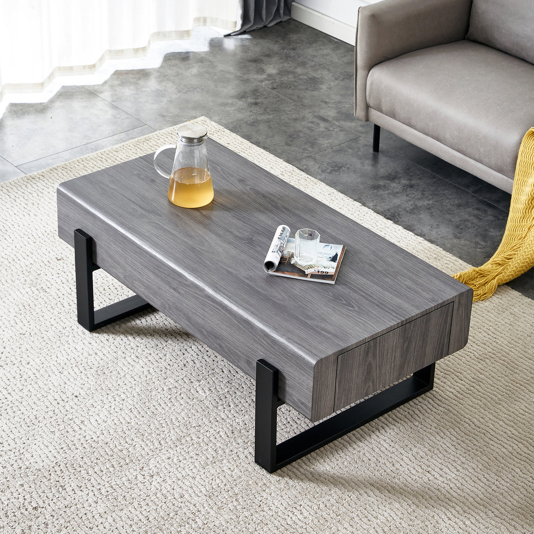 A Coffee Table Made Of Mdf Material. Equipped With Drawers Made Of Solid Wood Material. Can Store Things And Save Space. Paired With Black Metal Table Legs. Suitable For Living Room. Grey Mdf