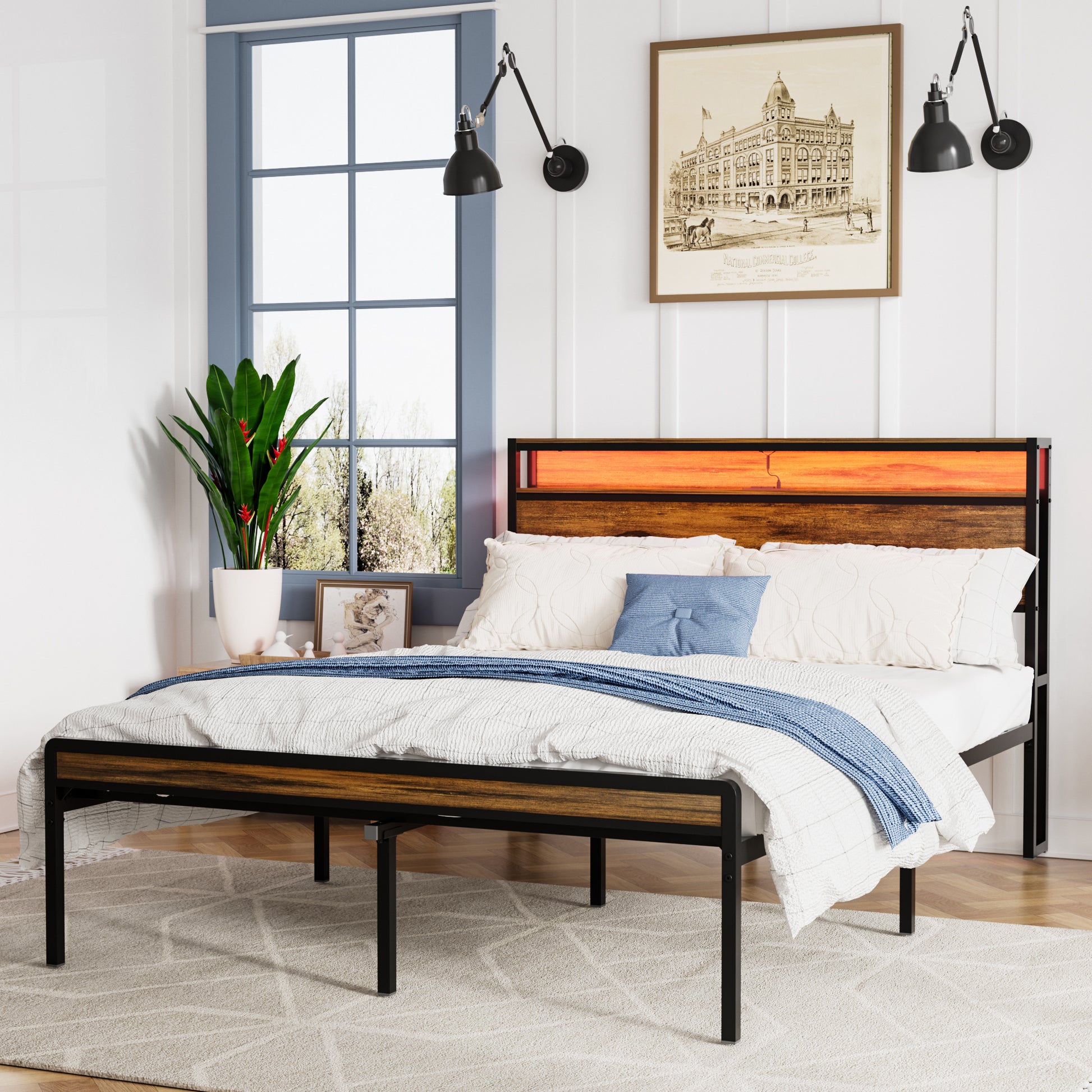 Full Size Metal Bed Frame With Headboard And Footboard, Led Lighting, Black Heavy Duty Mattress Foundation With Steel Slat Support, Noise Free,81.73"L X 54.13"W X 38.96"H Full Antique Brown Iron Brown Bedroom Antique Bed Frame Particle Board