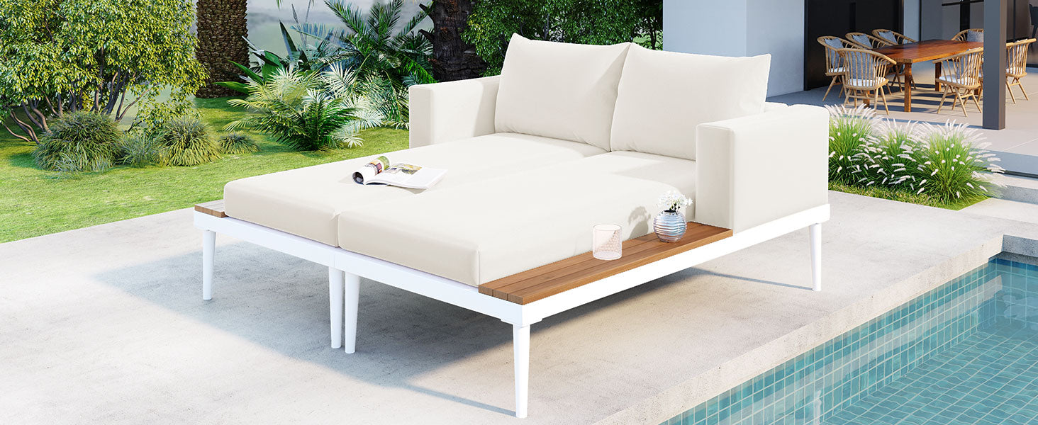 Modern Outdoor Daybed Patio Metal Daybed With Wood Topped Side Spaces For Drinks, 2 In 1 Padded Chaise Lounges For Poolside, Balcony, Deck, Beige Yes Lounge Beige Weather Resistant Frame Fade