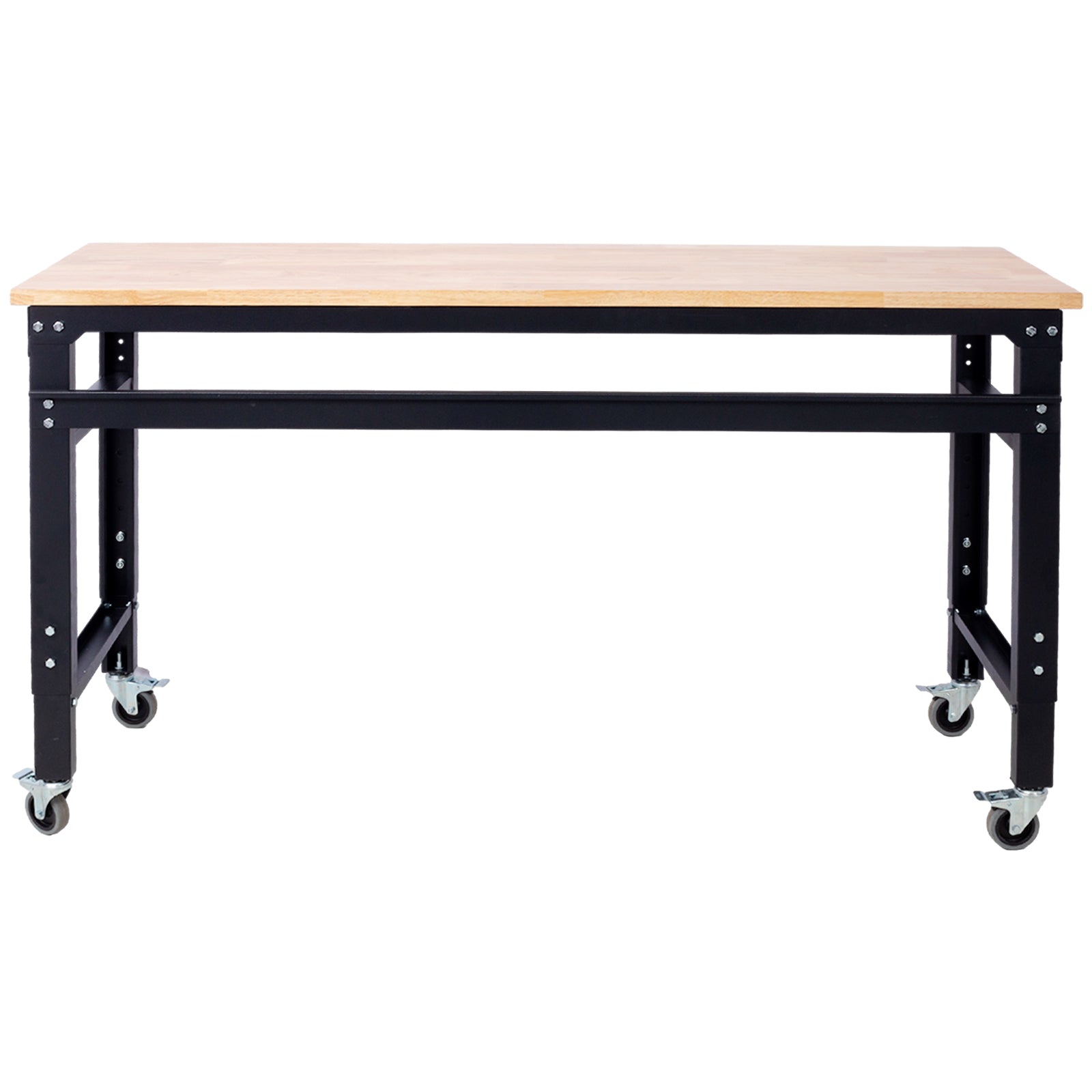 Workbench 60" Wide Rolling Workbenches For Garage Adjustable Height, Workshop Tool Bench, Metal With Rubber Wood Top Black Steel