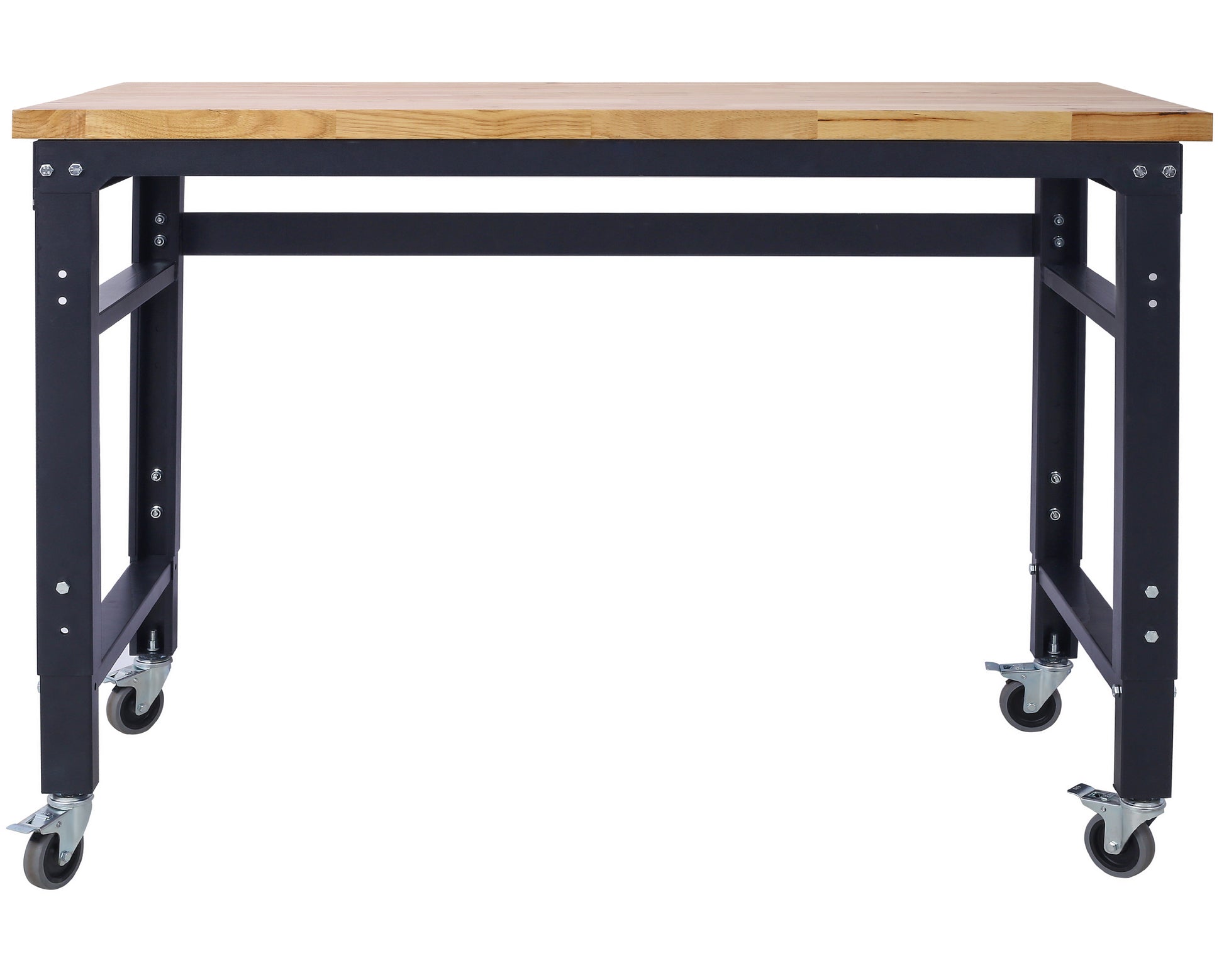 Workbench 48" Wide Rolling Workbenches For Garage Adjustable Height, Workshop Tool Bench, Metal With Rubber Wood Top Black Steel