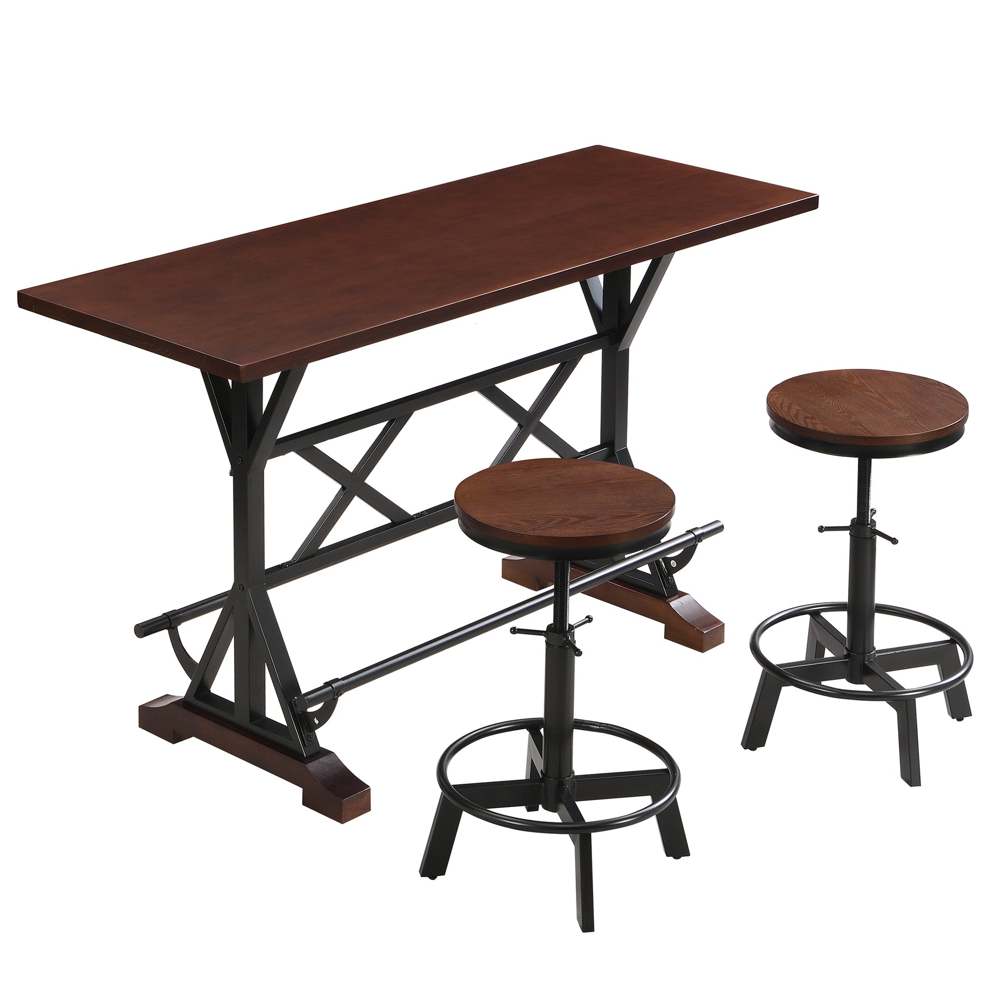 3 Piece Dining Table Set, 59" Wooden Sofa Side Table With Stabilizing Base, Rustic Brown Industrial Adjustable Height Stools, Modern Bar Table And Chairs For Living Room, Dining Room, And Space Saving Metal Espresso Wood Classic Rectangular Wood Metal