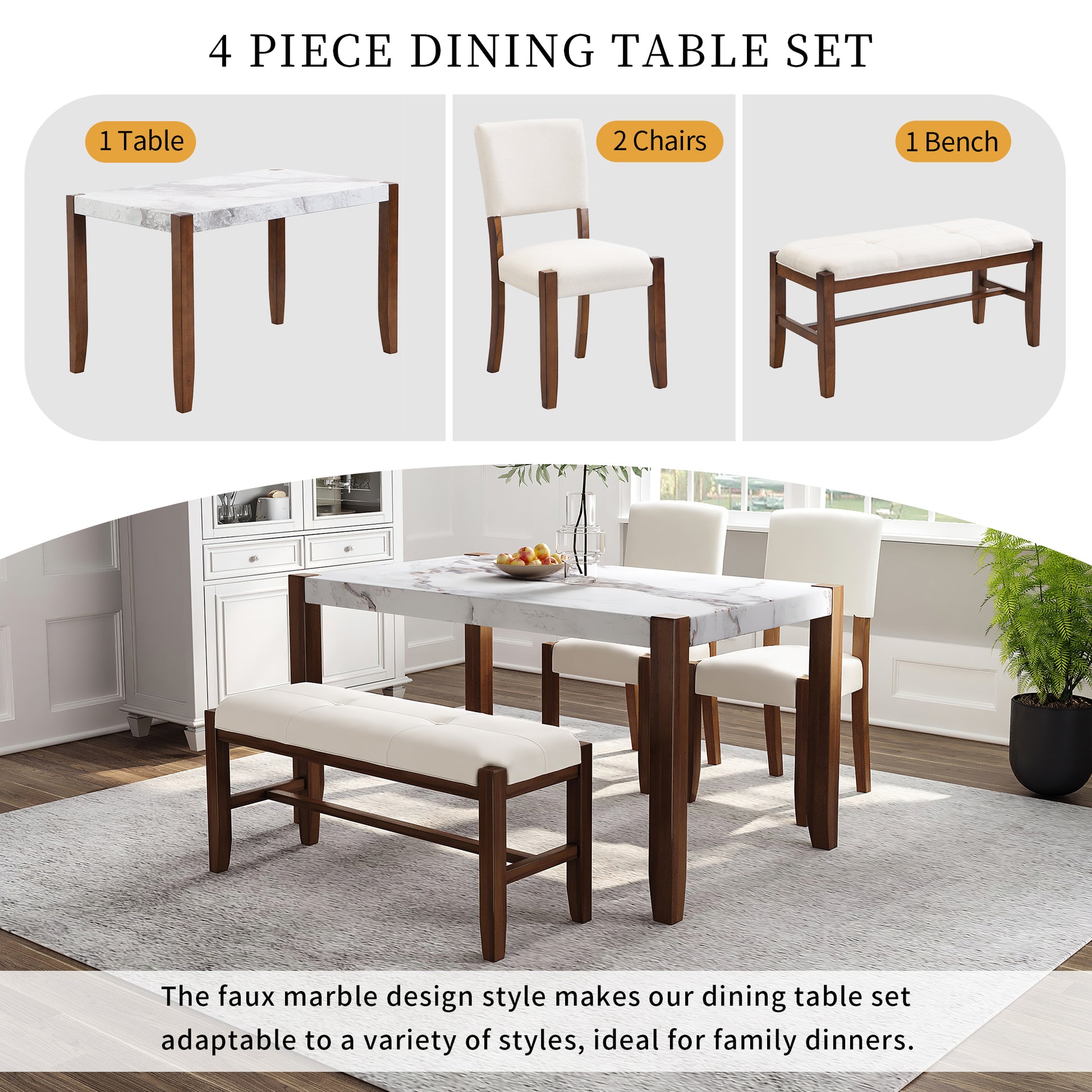 4 Piece Modern Dining Furniture Set, 4 Person Space Saving Dinette For Kitchen, 46" Faux Marble Style Table And 2 Upholstered Chairs & Bench With Wood Legs Off White Rubber Wood