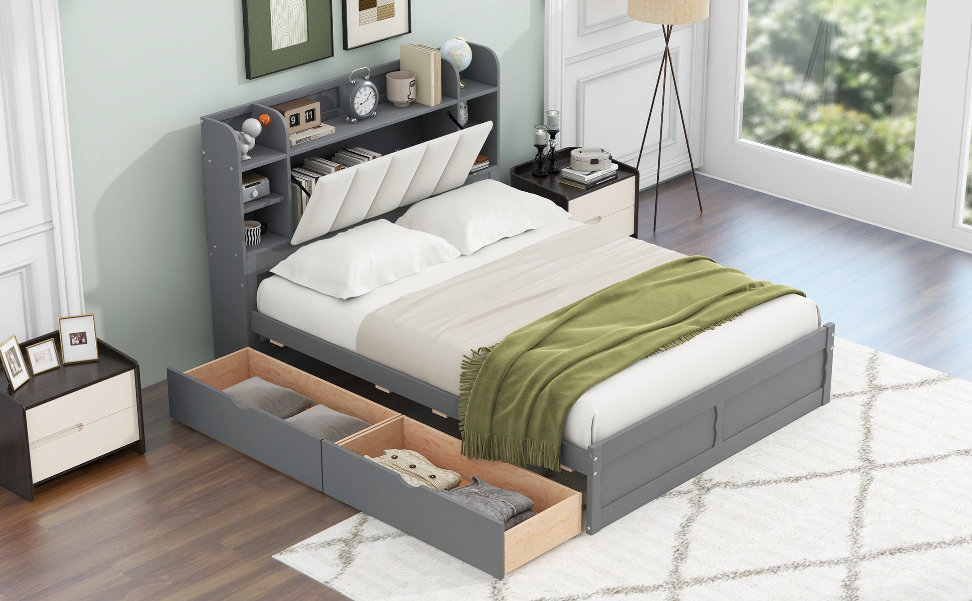 Wood Queen Size Platform Bed With Storage Headboard, Shelves And 2 Drawers, Gray Box Spring Not Required Queen Gray Wood Bedroom Bed Frame Solid Wood Mdf