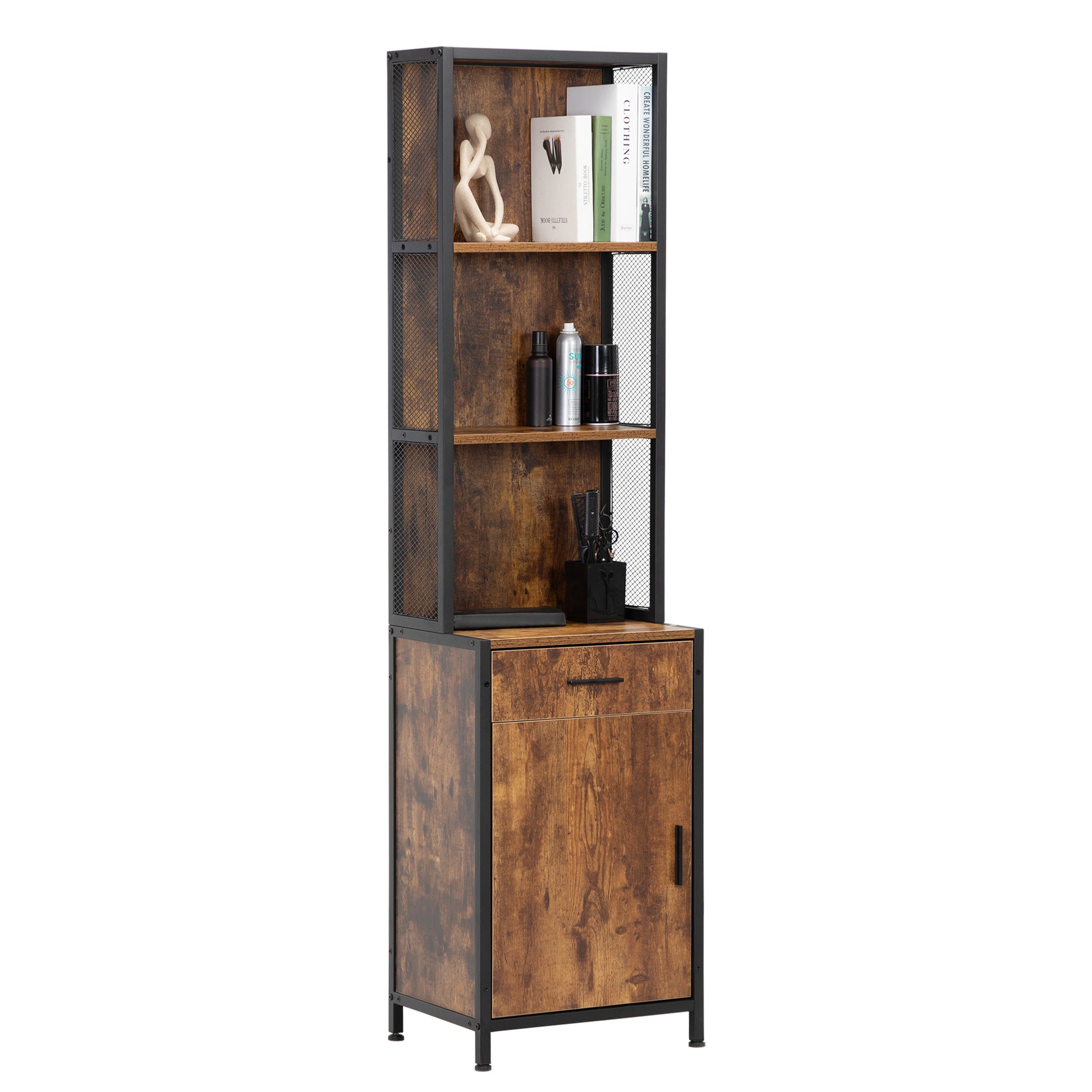 Salon Station For Hair Stylist, Barber Equipment With Drawer, Cabinet And Shelves, Vintage Brown Brown Mdf