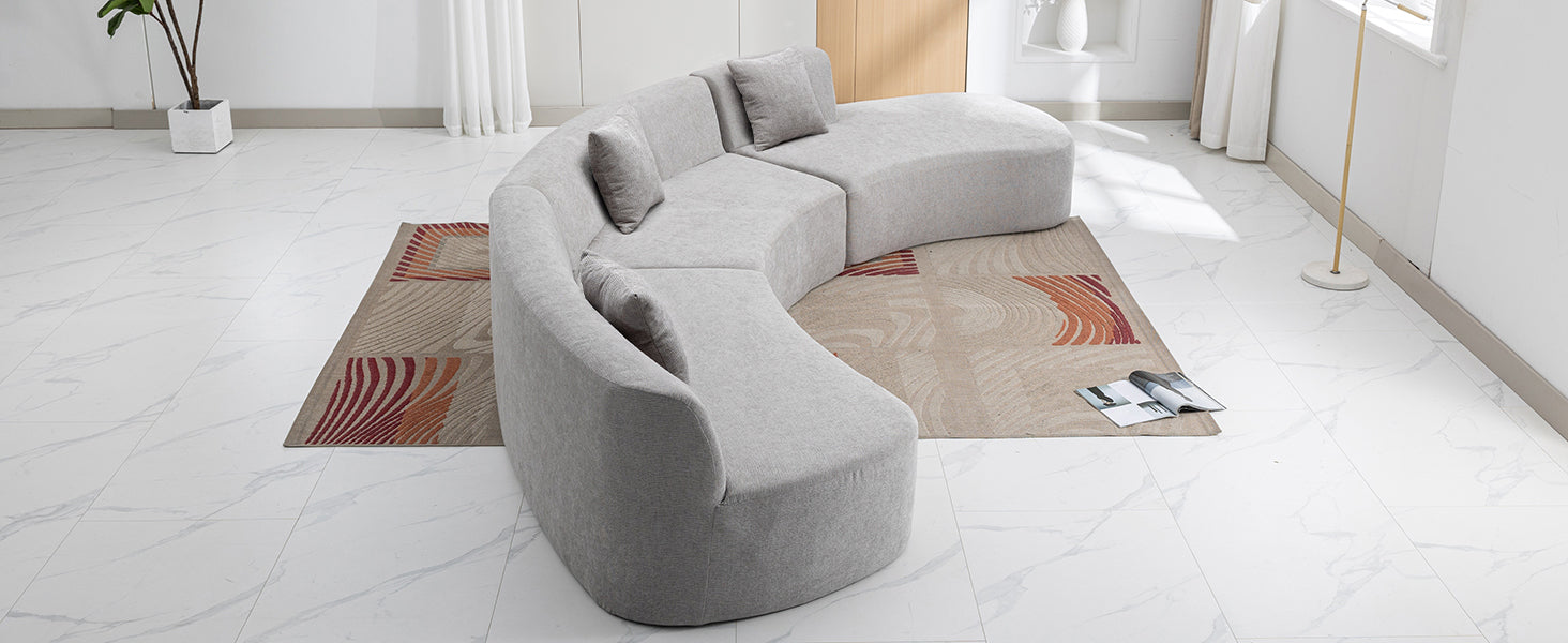 136.6" Stylish Curved Sofa Sectional Sofa Chenille Fabric Sofa Couch With Three Throw Pillows For Living Room, Grey Grey Foam Chenille