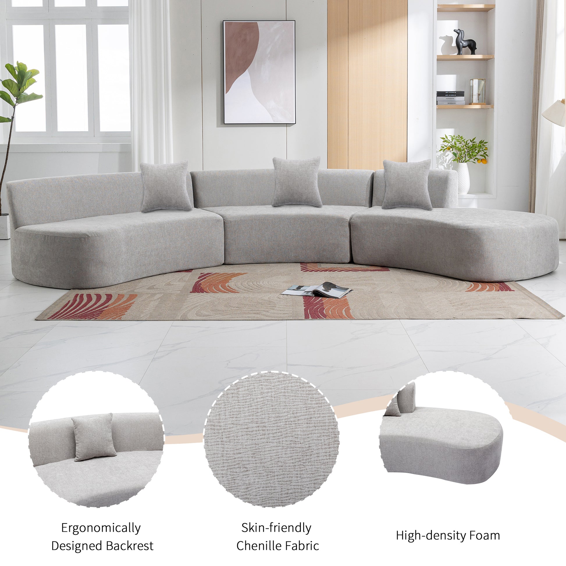 136.6" Stylish Curved Sofa Sectional Sofa Chenille Fabric Sofa Couch With Three Throw Pillows For Living Room, Grey Grey Foam Chenille