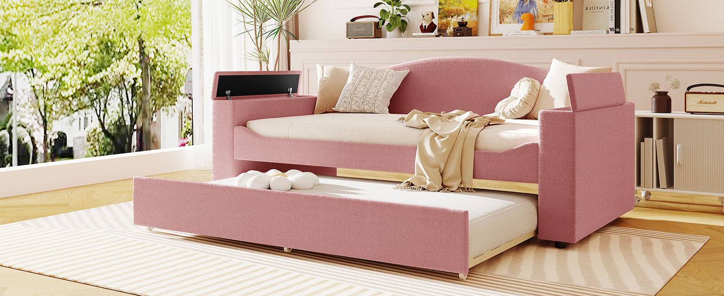 Twin Size Upholstered Daybed With Storage Armrests, Trundle And Latest Integrated Bluetooth Audio System, Teddy Fleece, Pink Pink Fleece