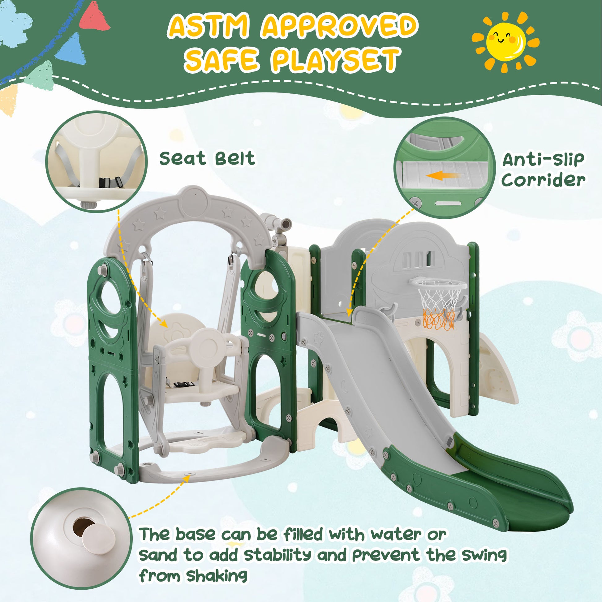 Toddler Slide And Swing Set 8 In 1, Kids Playground Climber Slide Playset With Basketball Hoop Freestanding Combination For Babies Indoor & Outdoor Green Hdpe Indoor & Outdoor Use