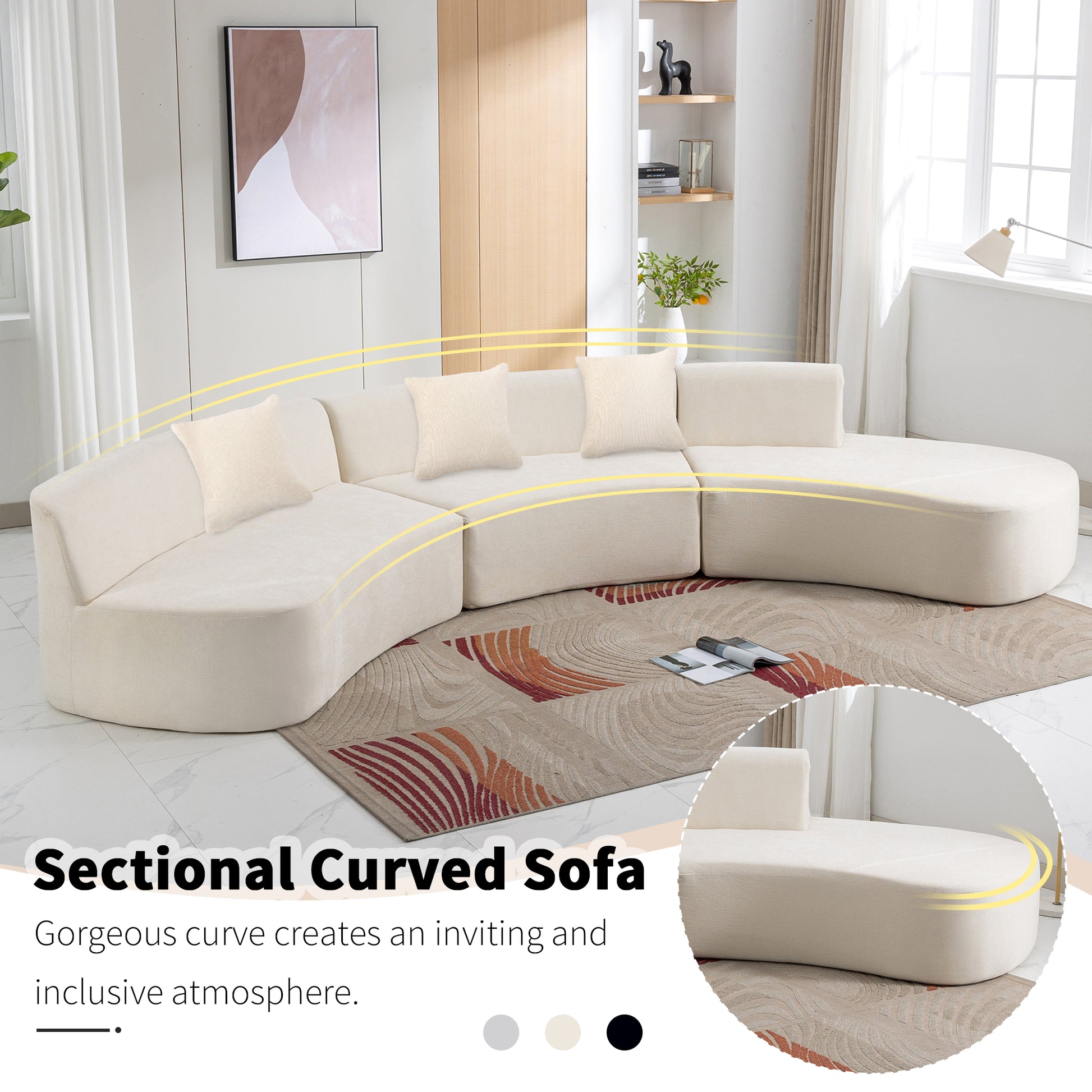 136.6" Stylish Curved Sofa Sectional Sofa Chenille Fabric Sofa Couch With Three Throw Pillows For Living Room, Beige Beige Foam Chenille 6 Seat