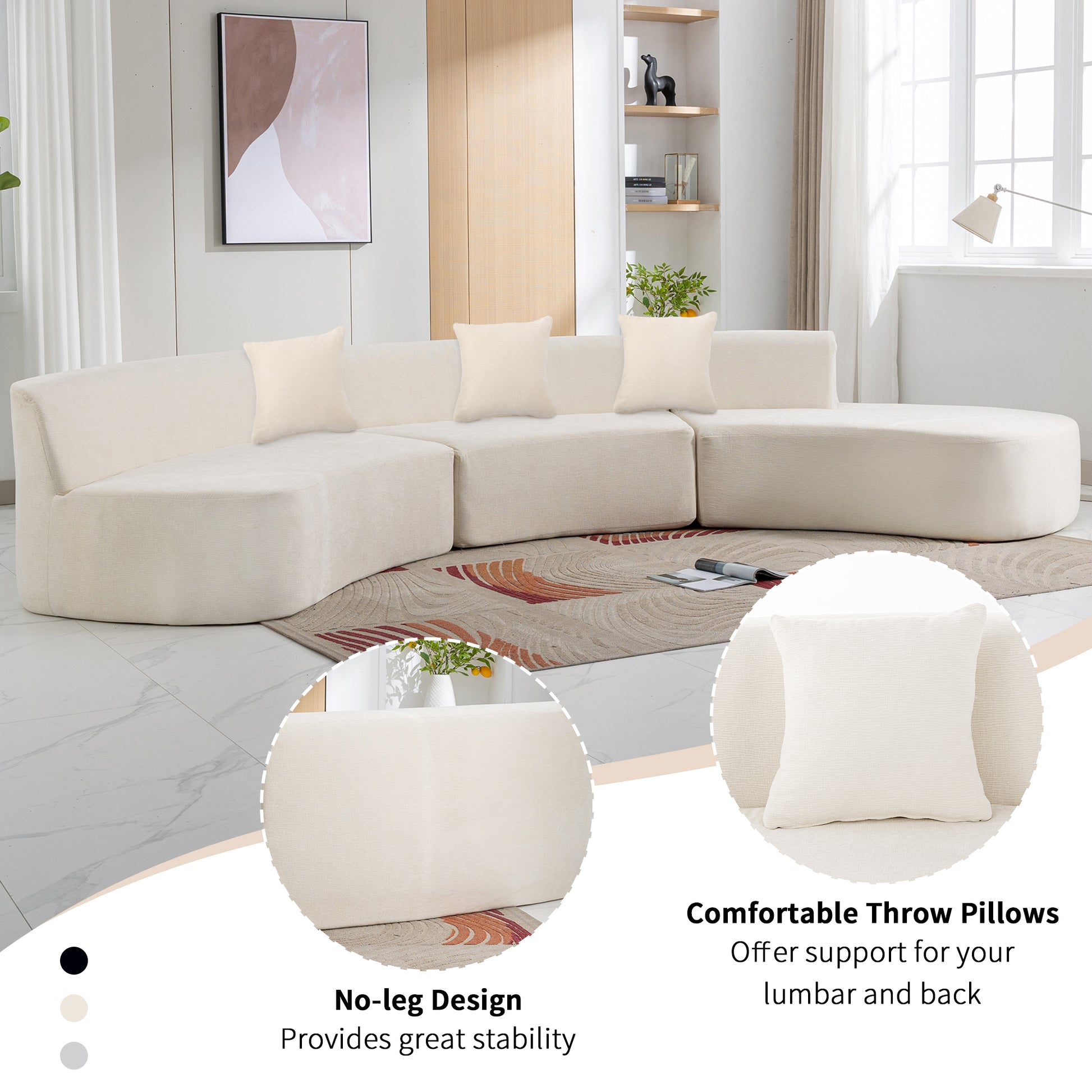 136.6" Stylish Curved Sofa Sectional Sofa Chenille Fabric Sofa Couch With Three Throw Pillows For Living Room, Beige Beige Foam Chenille 6 Seat