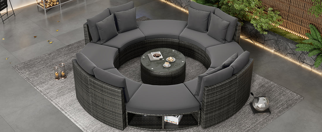 Outdoor Patio Furniture Luxury Circular Outdoor Sofa Set Rattan Wicker Sectional Sofa Lounge Set With Tempered Glass Coffee Table, 6 Pillows, Grey Yes Grey Water Resistant Frame Water Resistant Cushion Garden & Outdoor Sectional Seating Groups Foam