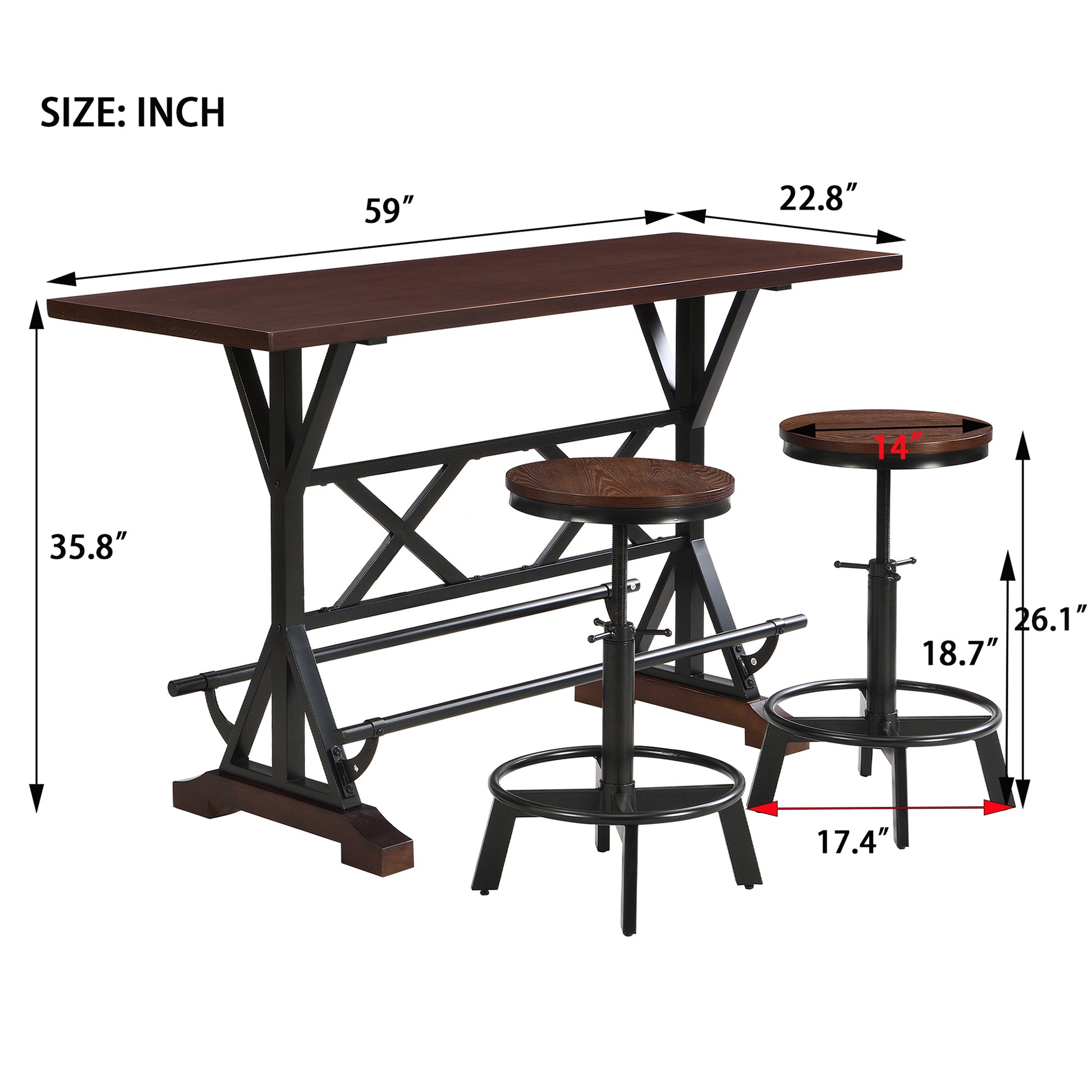 3 Piece Dining Table Set, 59" Wooden Sofa Side Table With Stabilizing Base, Rustic Brown Industrial Adjustable Height Stools, Modern Bar Table And Chairs For Living Room, Dining Room, And Space Saving Metal Espresso Wood Classic Rectangular Wood Metal