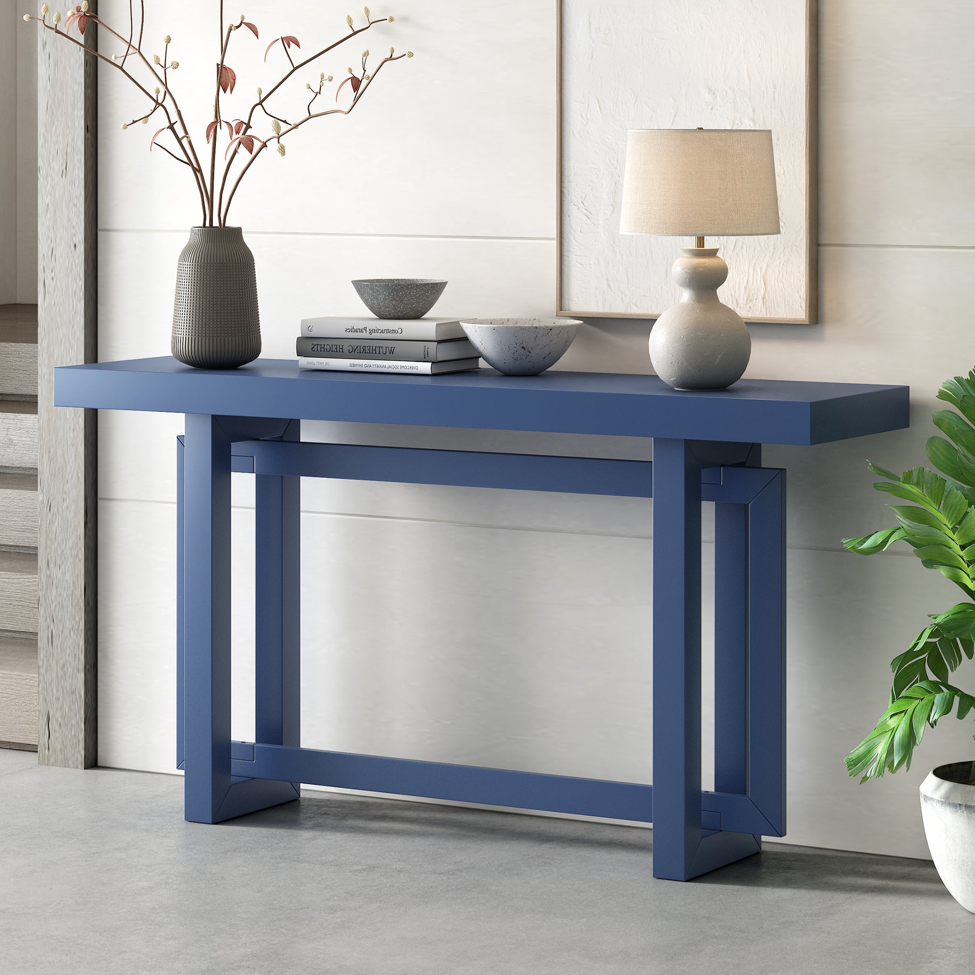 Contemporary Console Table With Wood Top, Extra Long Entryway Table For Entryway, Hallway, Living Room, Foyer, Corridor Navy Blue Solid Wood Mdf