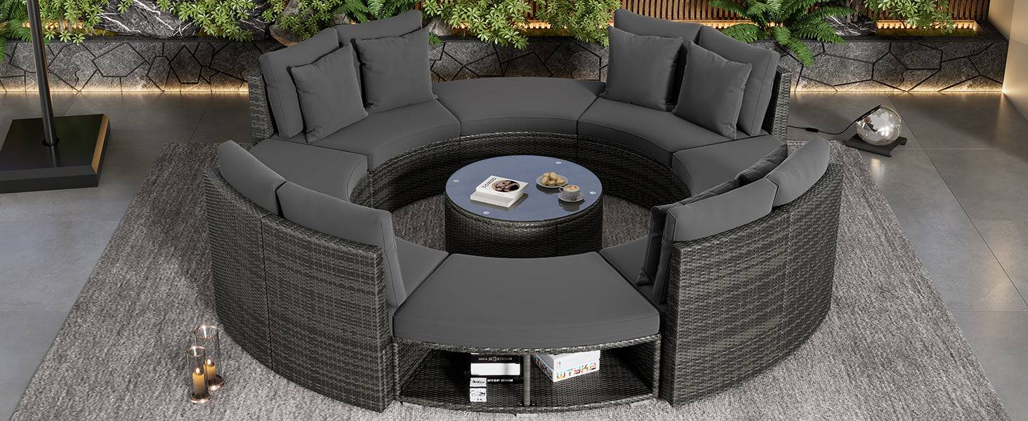 Outdoor Patio Furniture Luxury Circular Outdoor Sofa Set Rattan Wicker Sectional Sofa Lounge Set With Tempered Glass Coffee Table, 6 Pillows, Grey Yes Grey Water Resistant Frame Water Resistant Cushion Garden & Outdoor Sectional Seating Groups Foam