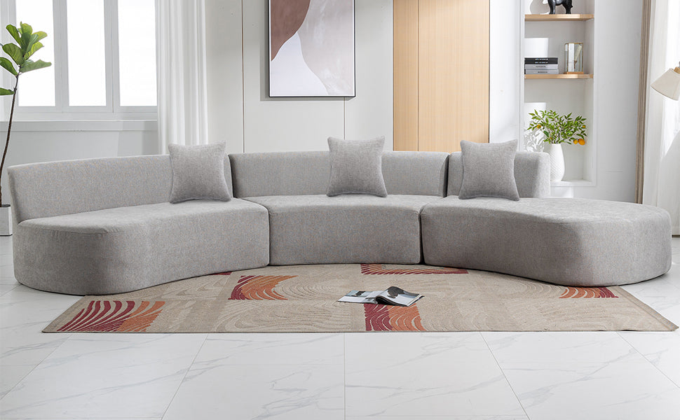 136.6" Stylish Curved Sofa Sectional Sofa Chenille Fabric Sofa Couch With Three Throw Pillows For Living Room, Grey Grey Foam Chenille