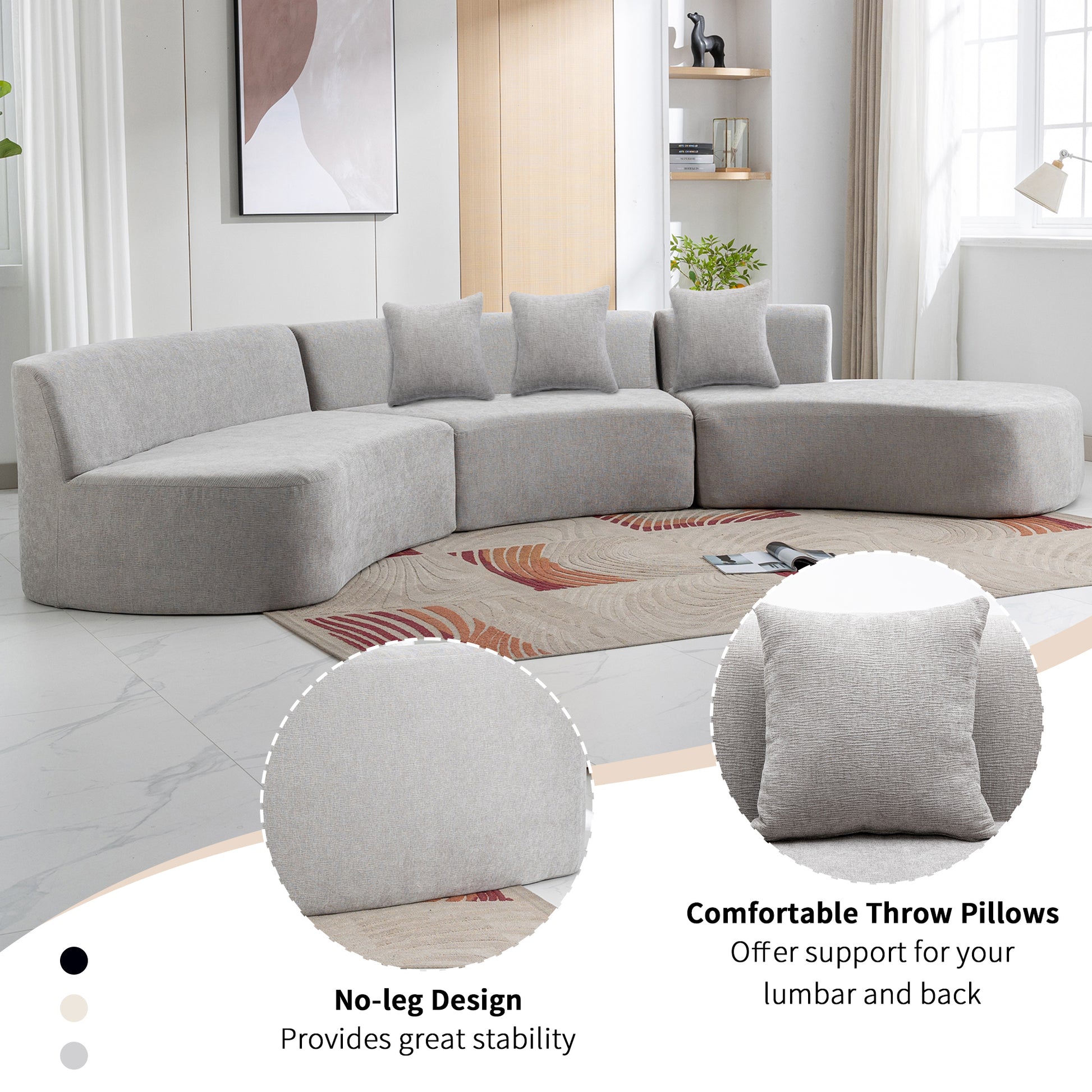 136.6" Stylish Curved Sofa Sectional Sofa Chenille Fabric Sofa Couch With Three Throw Pillows For Living Room, Grey Grey Foam Chenille