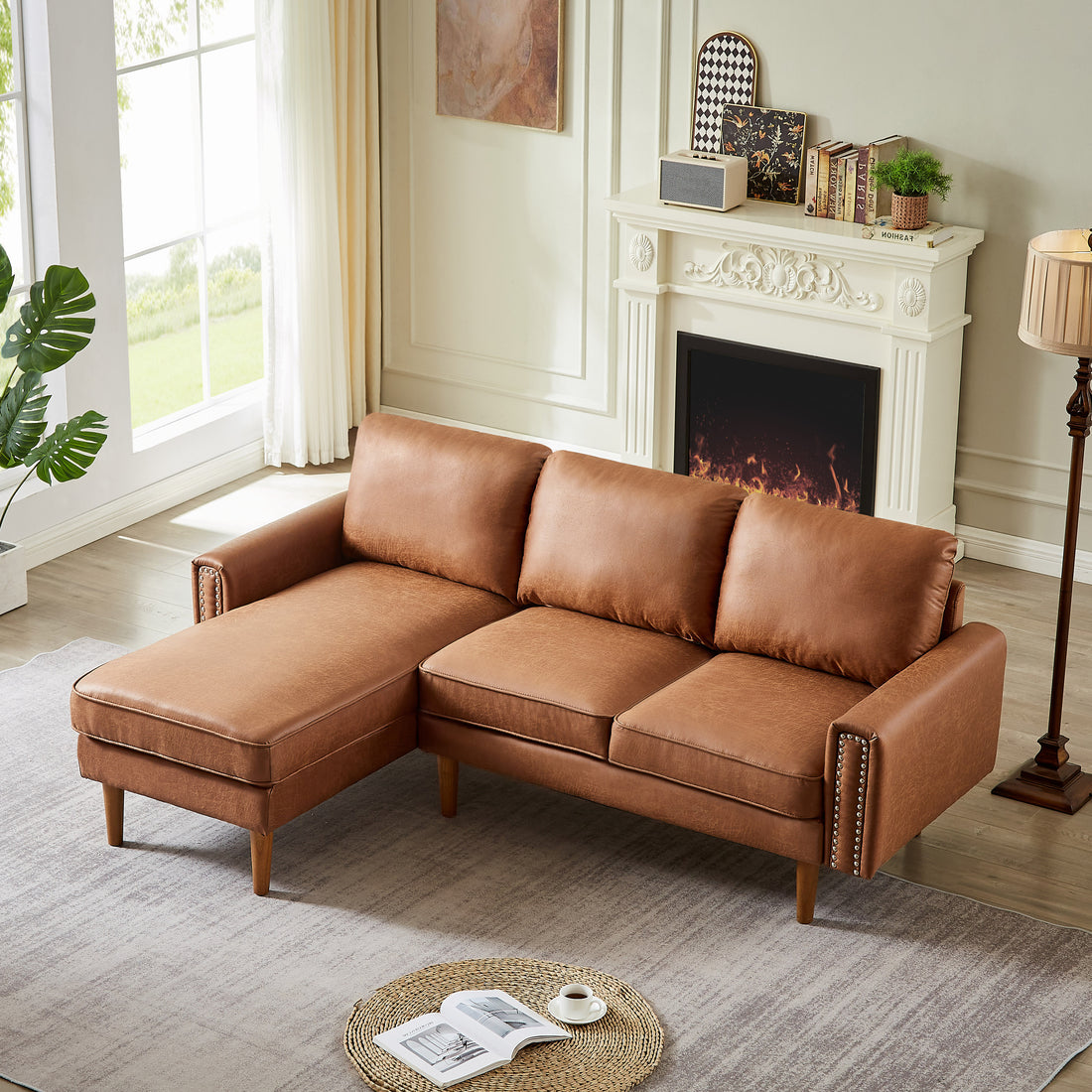 82.2"L Shape Sofa Couch With Chais Mid Century Copper Nail On Arms,Strong Wooden Leg And Suede Fabric Design That Will Complement Any Living Space.Left Chaise, Brown Brown Tech Cloth