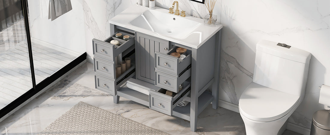 36" Bathroom Vanity With Sink Combo, One Cabinet And Three Drawers, Solid Wood And Mdf Board, Grey Old Sku:Sy999505Aae Grey Solid Wood Mdf