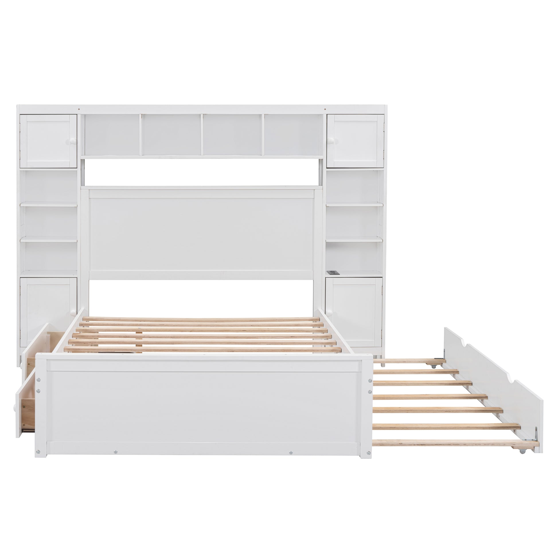 Full Size Wooden Bed With All In One Cabinet, Shelf And Sockets,Twin Size Trundle, White Full White Solid Wood