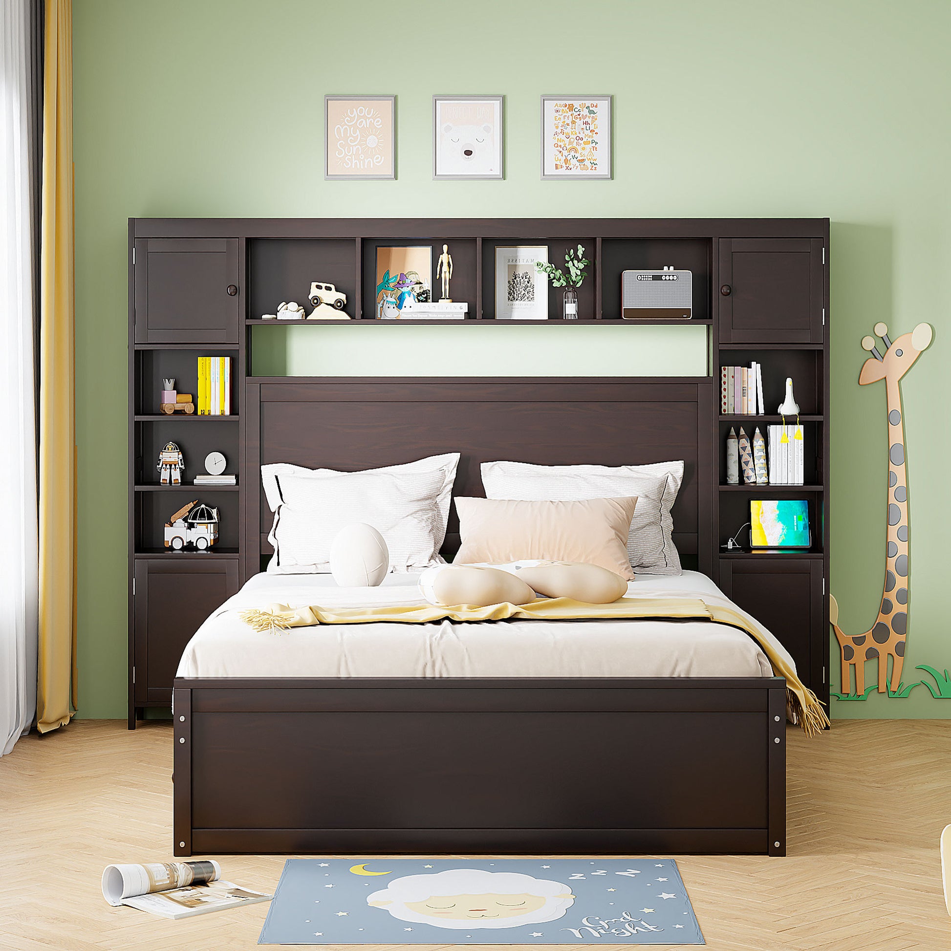 Queen Size Wooden Bed With All In One Cabinet, Shelf And Sockets,Twin Xl Trundle,Espresso Queen Espresso Solid Wood