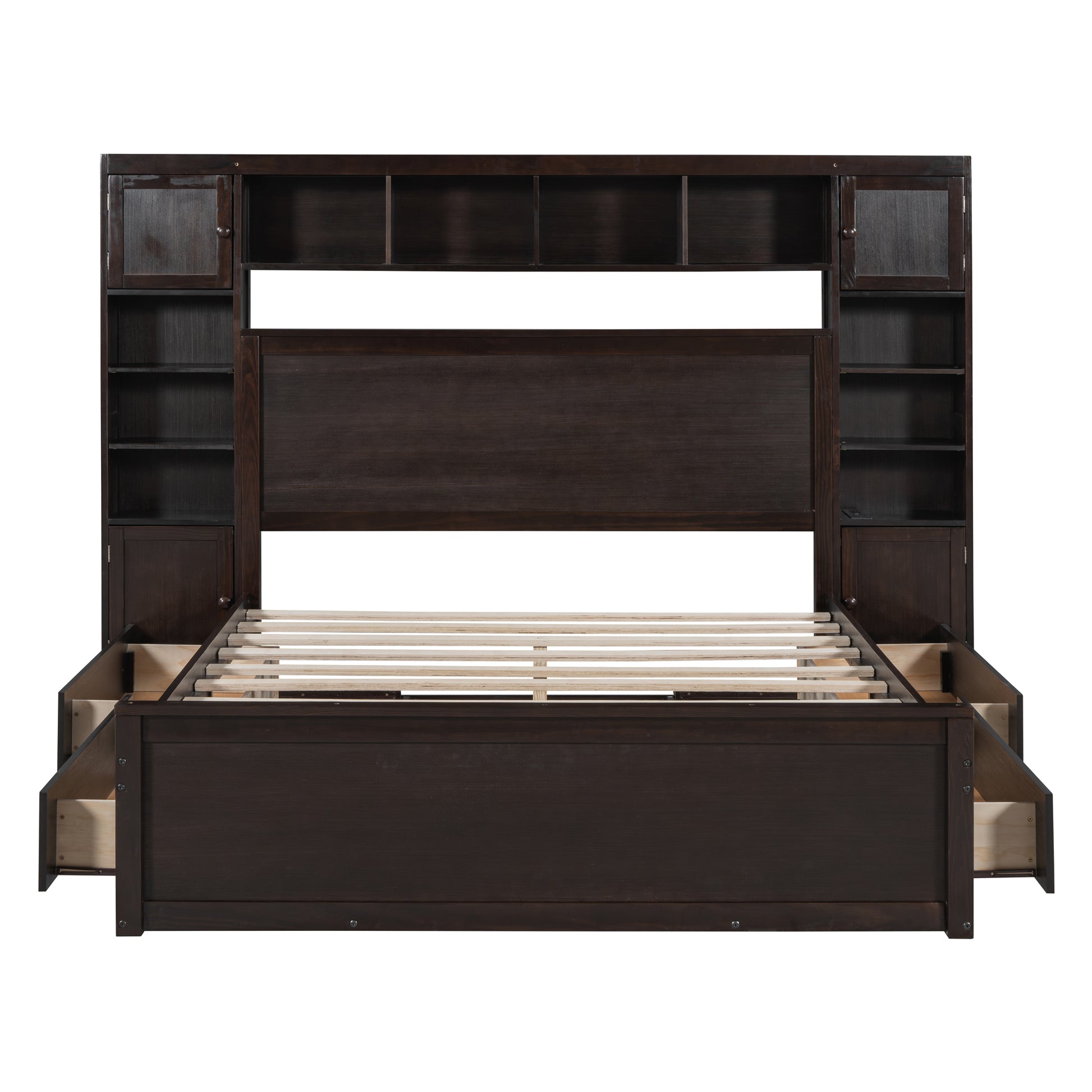 Queen Size Wooden Bed With All In One Cabinet, Shelf And Sockets, Espresso Espresso Solid Wood