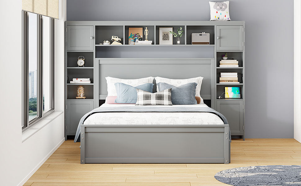 Queen Size Wooden Bed With All In One Cabinet, Shelf And Sockets,Twin Xl Trundle, Gray Queen Gray Solid Wood