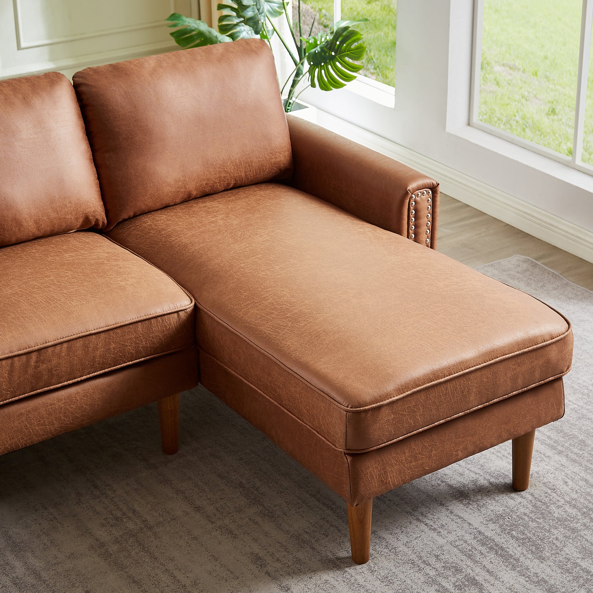 82.2"L Shape Sofa Couch With Chais Mid Century Copper Nail On Arms,Strong Wooden Leg And Suede Fabric Design That Will Complement Any Living Space.Right Chaise, Brown Brown Tech Cloth