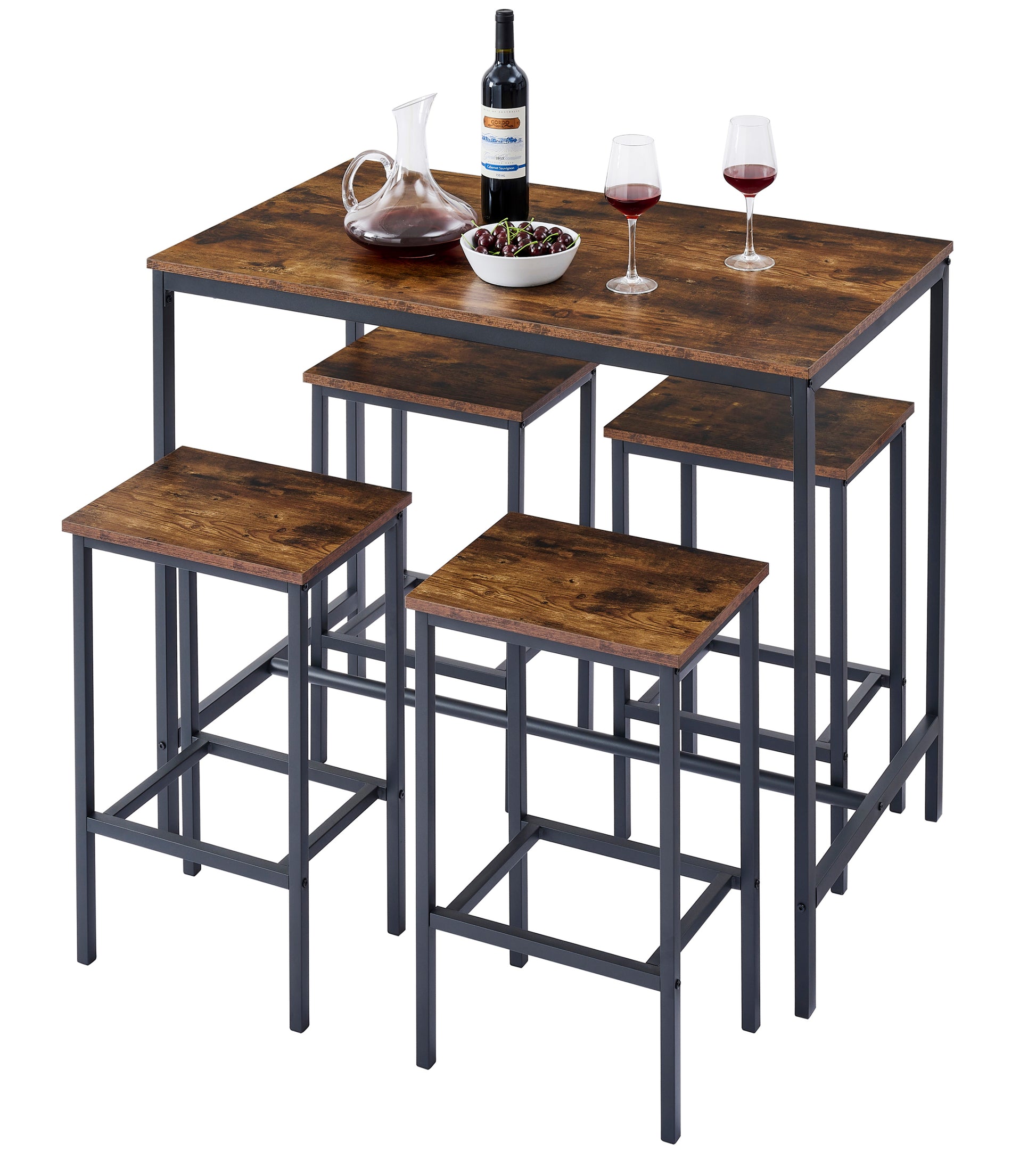 5Pc Dinging Table Set With High Stools, Structural Strengthening, Industrial Style. Rustic Brown,41.73"L X 23.62"W X 35.23"H Antique Brown Iron