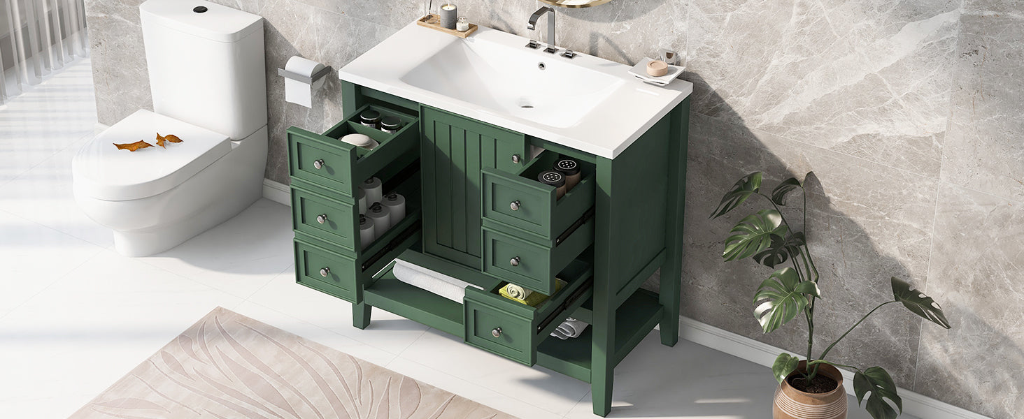 36" Bathroom Vanity With Sink Combo, One Cabinet And Three Drawers, Solid Wood And Mdf Board, Green Green Solid Wood Mdf