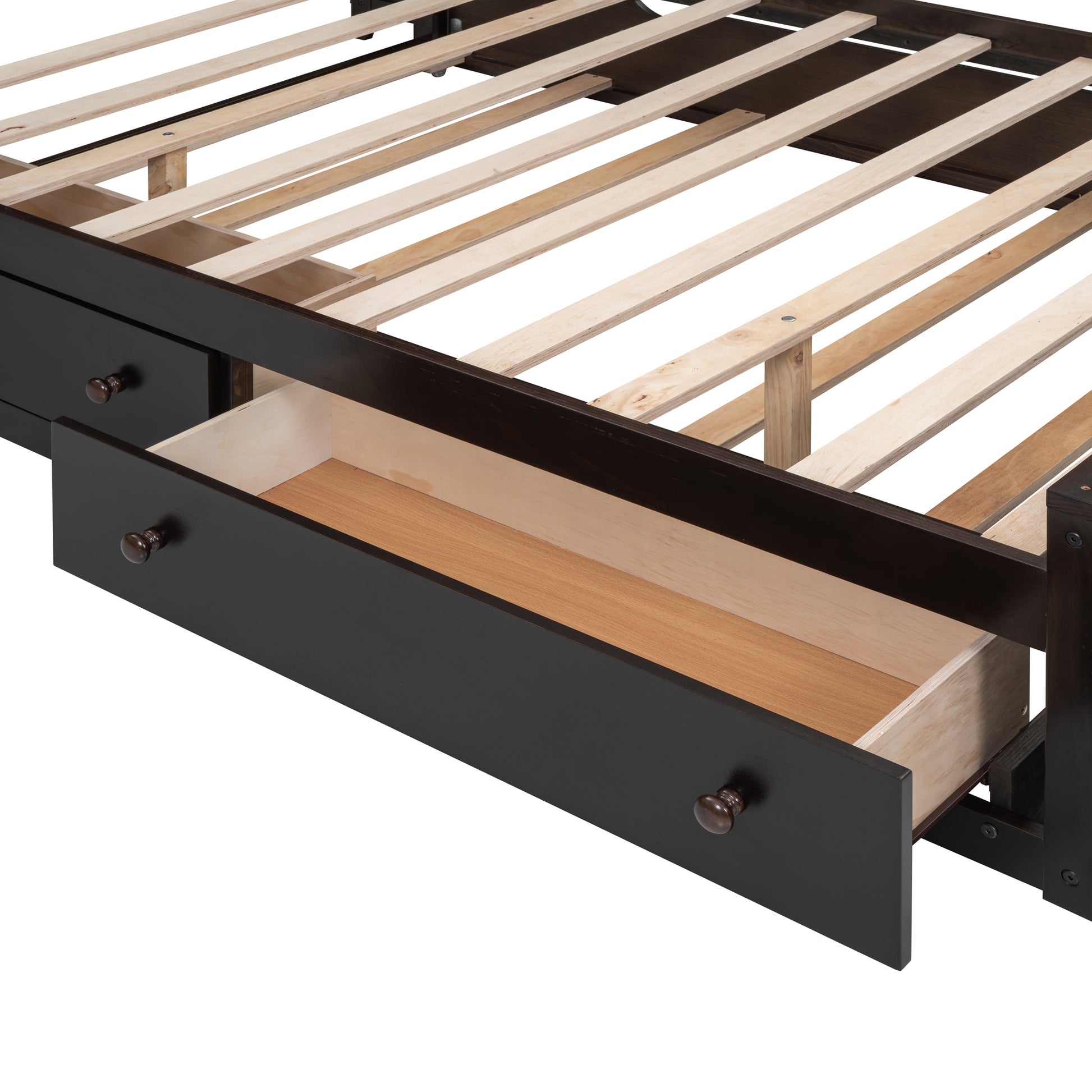 Full Size Wooden Bed With All In One Cabinet, Shelf And Sockets,Twin Size Trundle, Espresso Full Espresso Solid Wood