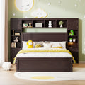 Queen Size Wooden Bed With All In One Cabinet, Shelf And Sockets, Espresso Espresso Solid Wood