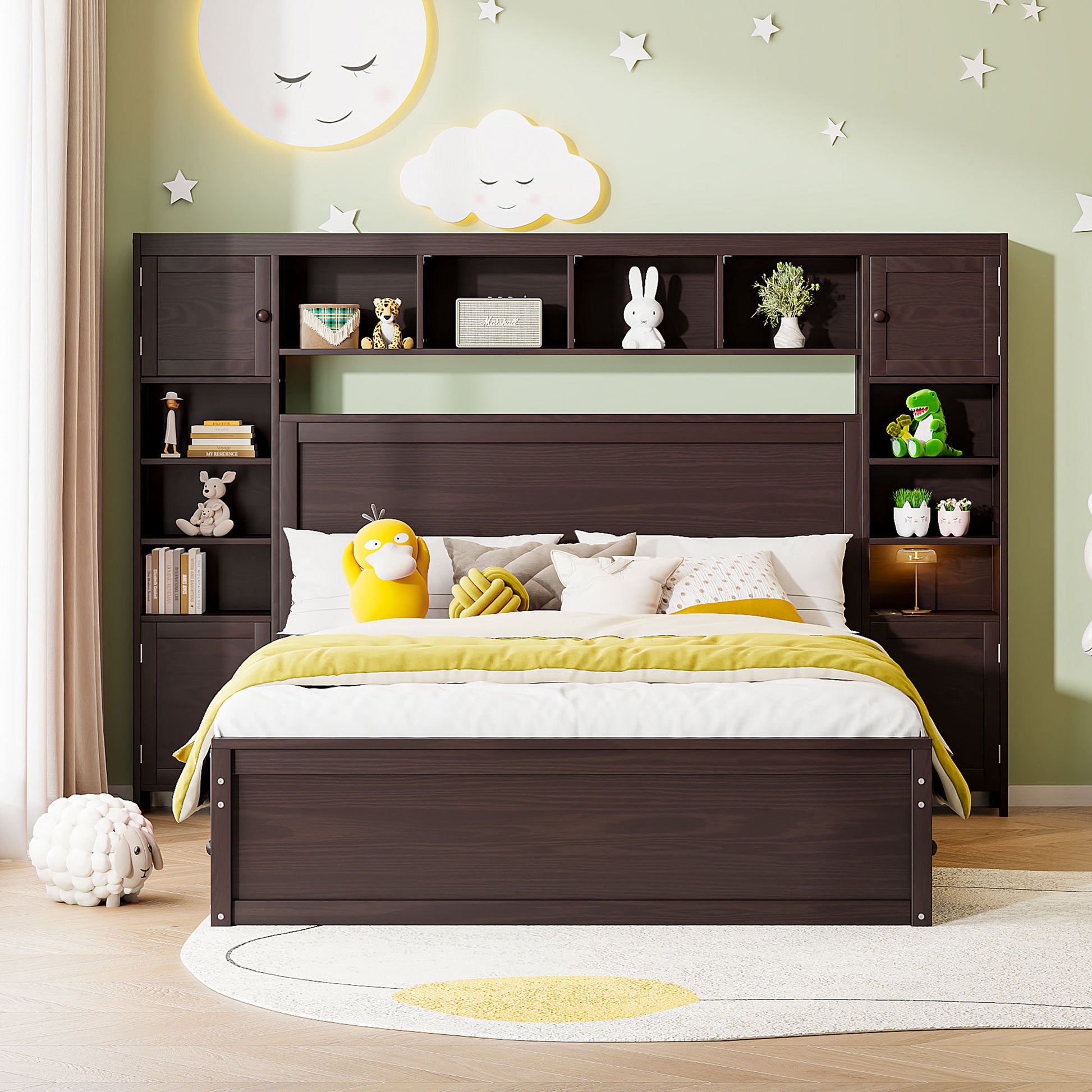 Queen Size Wooden Bed With All In One Cabinet, Shelf And Sockets, Espresso Espresso Solid Wood