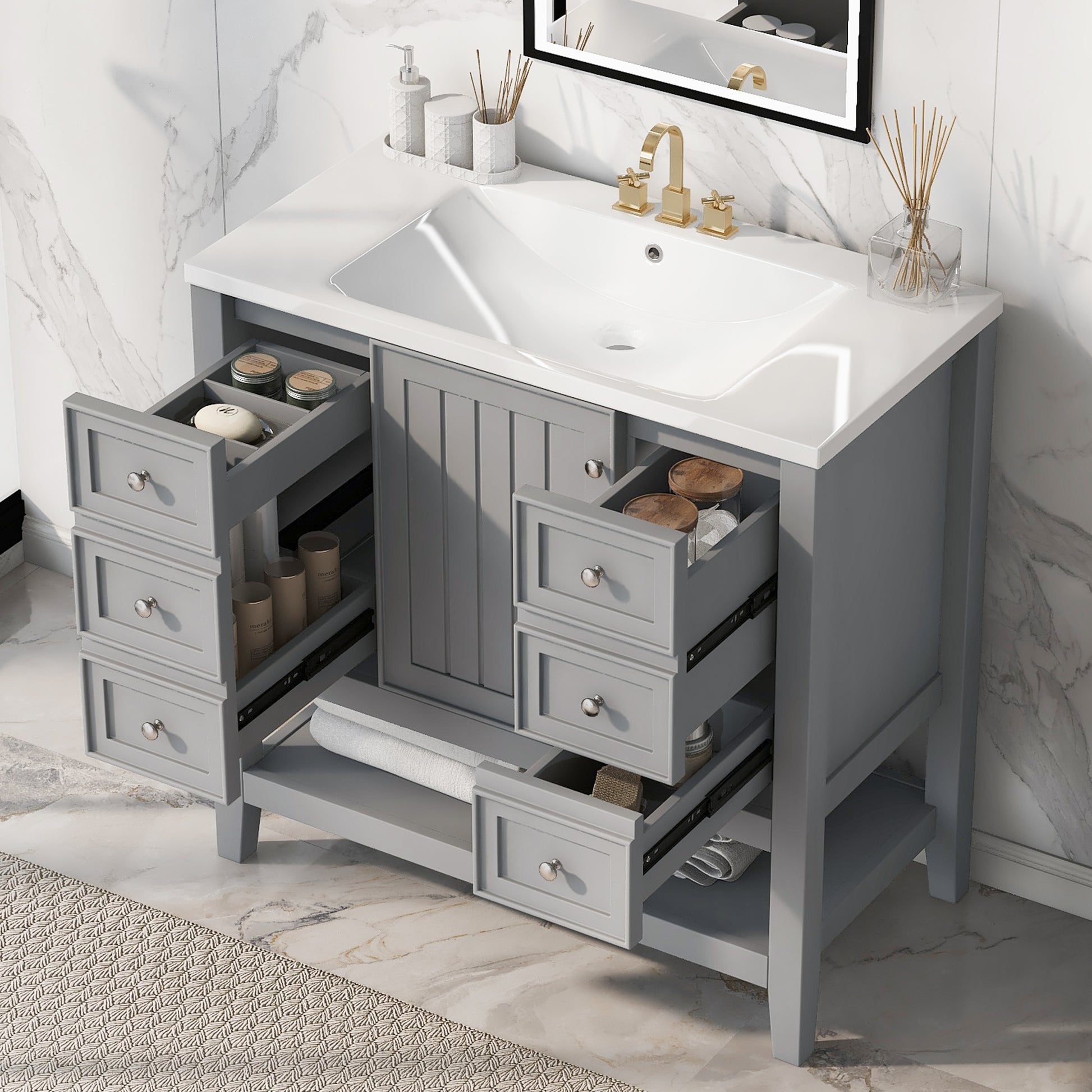 36" Bathroom Vanity With Sink Combo, One Cabinet And Three Drawers, Solid Wood And Mdf Board, Grey Old Sku:Sy999505Aae Grey Solid Wood Mdf