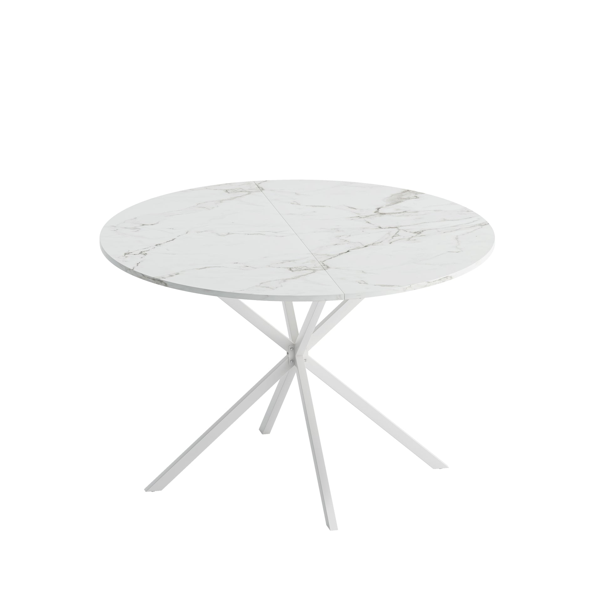 47.24'' Modern Cross Leg Round Dining Table, White Marble Top Occasional Table, Two Piece Removable Top, Matte Finish Iron Legs White Mdf Metal