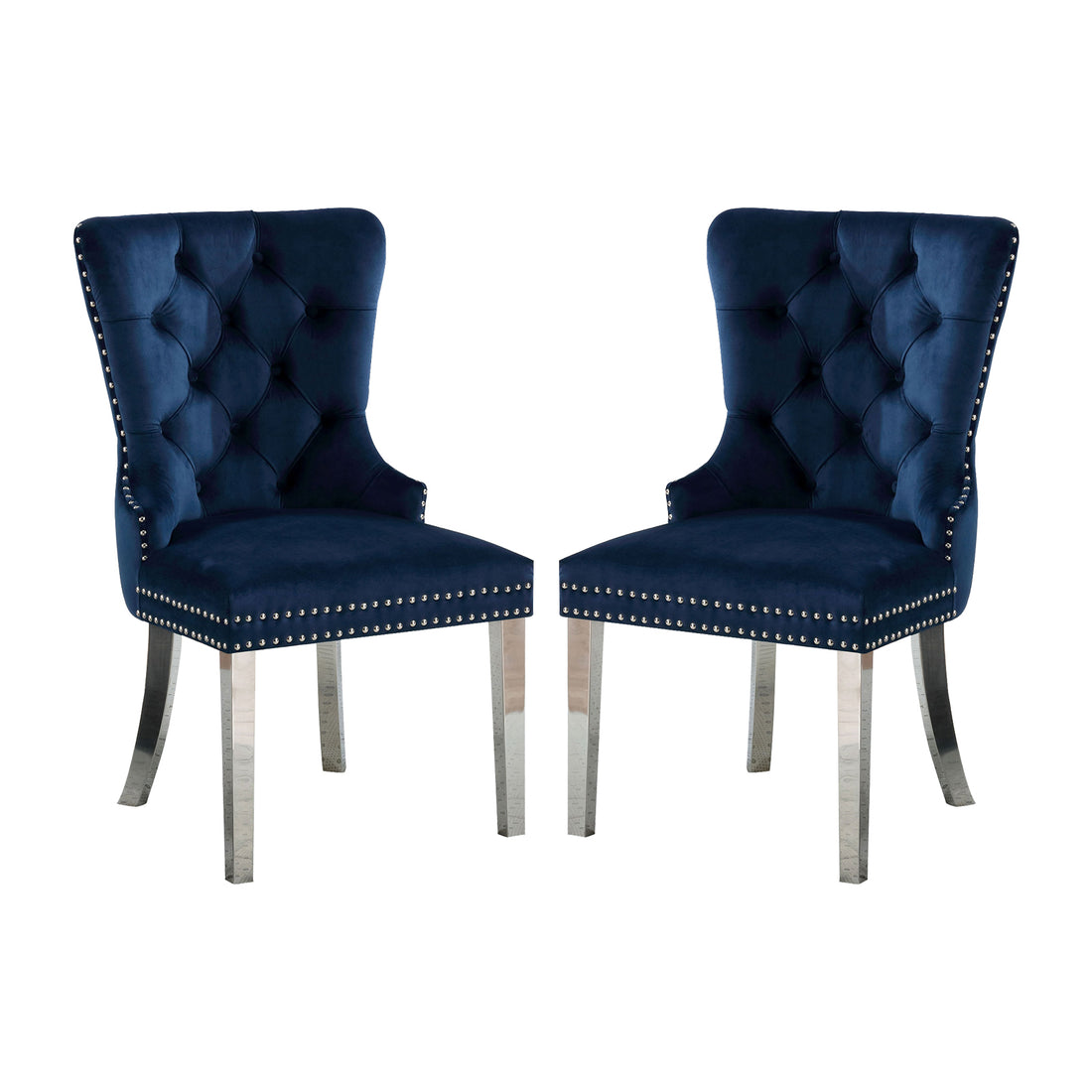 Set Of 2 Wingback Dining Chairs With Button Tufted Back In Blue And Chrome Solid Blue Fabric