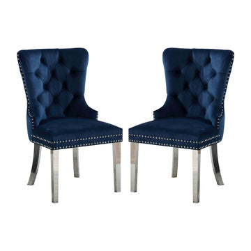 Set Of 2 Wingback Dining Chairs With Button Tufted Back In Blue And Chrome Solid Blue Fabric