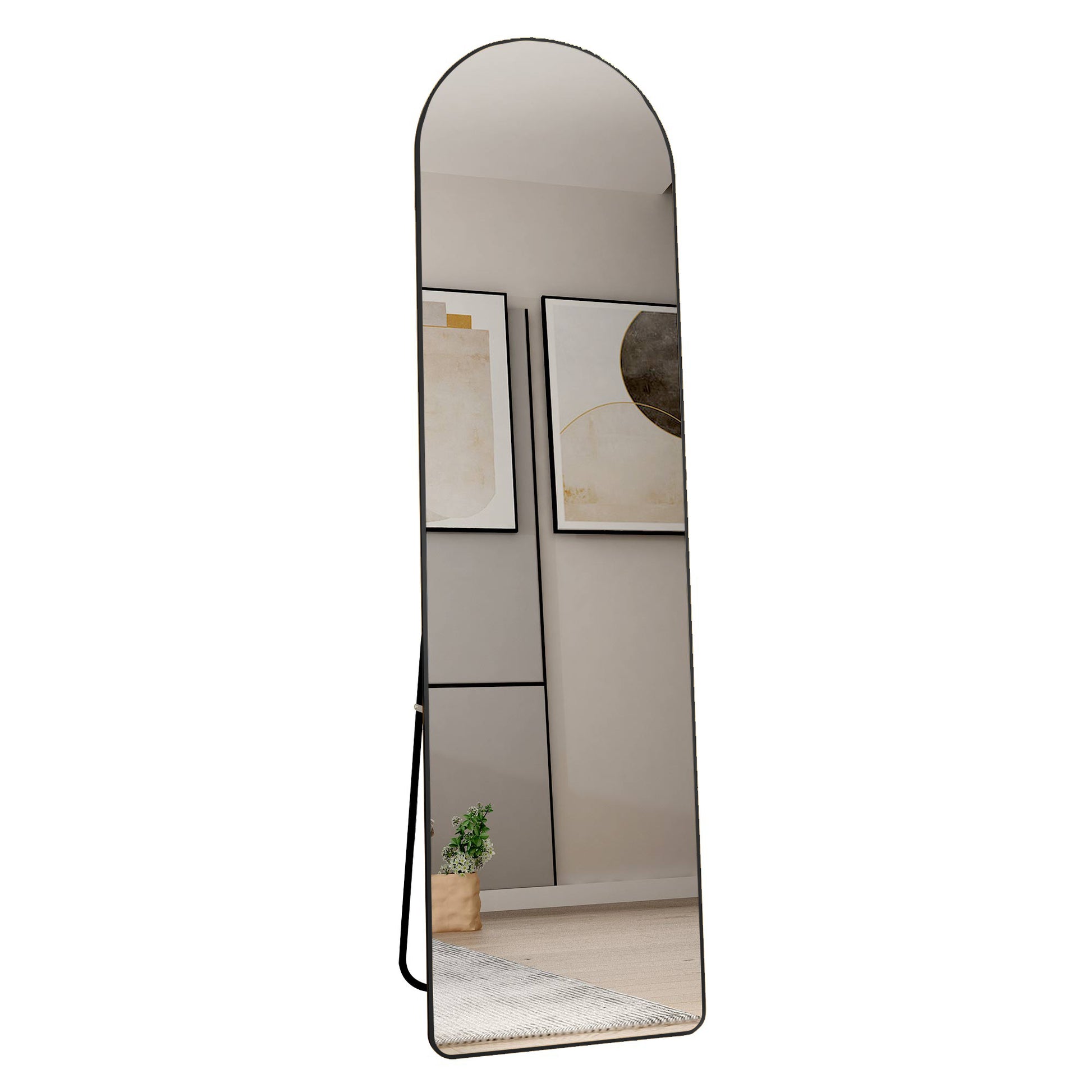 The 4St Generation Of Floor Mounted Full Length Mirrors. Aluminum Alloy Metal Frame Arched Wall Mirror, Bathroom Makeup Mirror, Bedroom Porch, Clothing Store, Wall Mounted.Black 59.8 "*16.5"W115112560 Black Glass