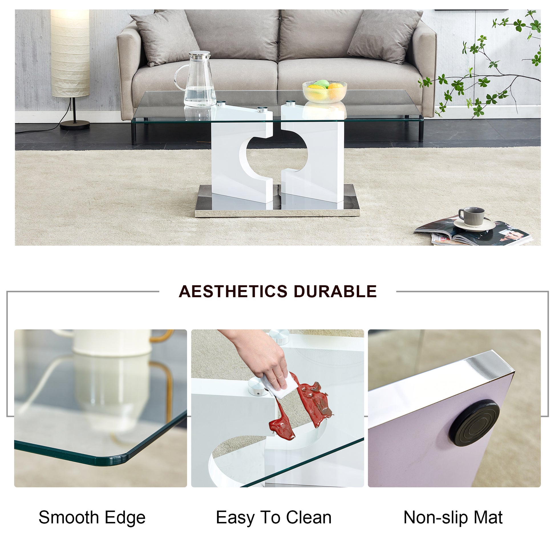 A Rectangular Modern And Fashionable Coffee Table With Tempered Glass Tabletop And White Mdf Legs. Suitable For Living Room.47.2"*25.5"*18" White Glass