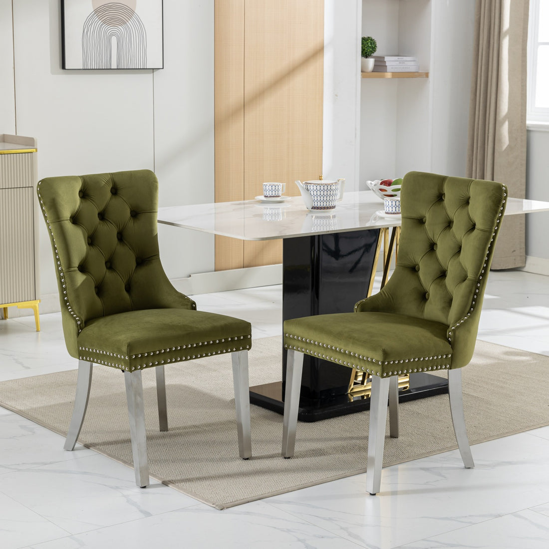 Nikki Collection Modern, High End Tufted Solid Wood Contemporary Velvet Upholstered Dining Chair With Chrome Stainless Steel Plating Legs,Nailhead Trim,Set Of 2,Olive Green And Chrome, Sw1701Ol Olive Green Dining Room American Design Rubberwood Foam