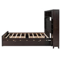 Queen Size Wooden Bed With All In One Cabinet, Shelf And Sockets,Twin Xl Trundle,Espresso Queen Espresso Solid Wood