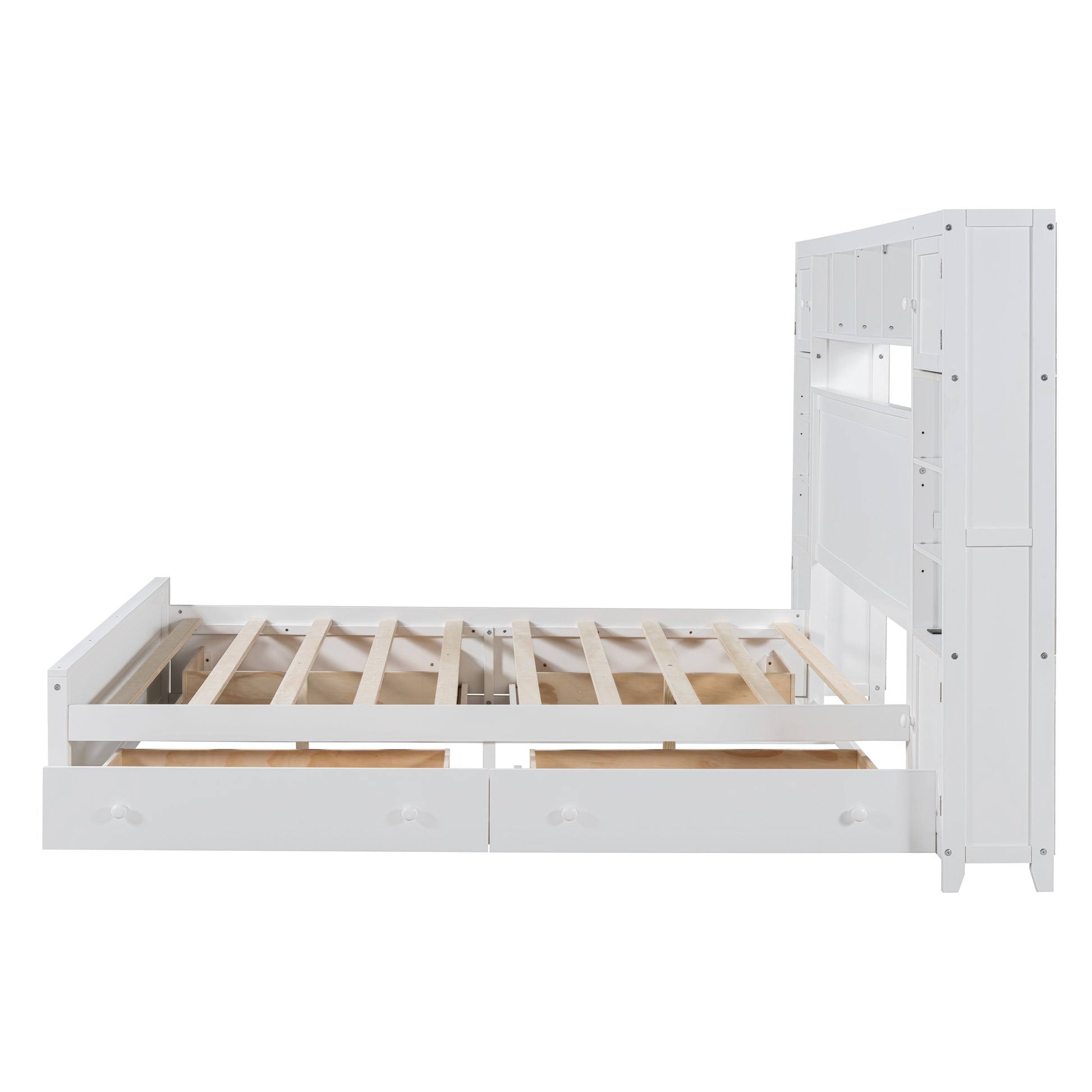 Queen Size Wooden Bed With All In One Cabinet, Shelf And Sockets, White White Solid Wood