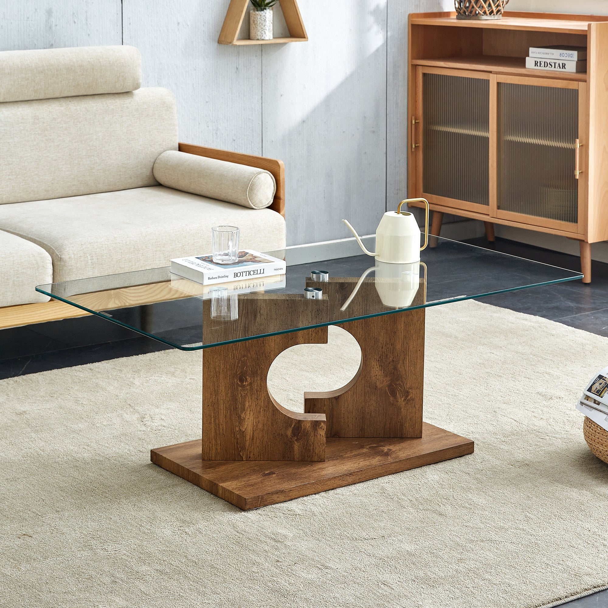 A Rectangular Modern And Fashionable Coffee Table With Tempered Glass Tabletop And Wooden Color Mdf Legs. Suitable For Living Room.47.2"*25.5"*18" Natural Wood Glass