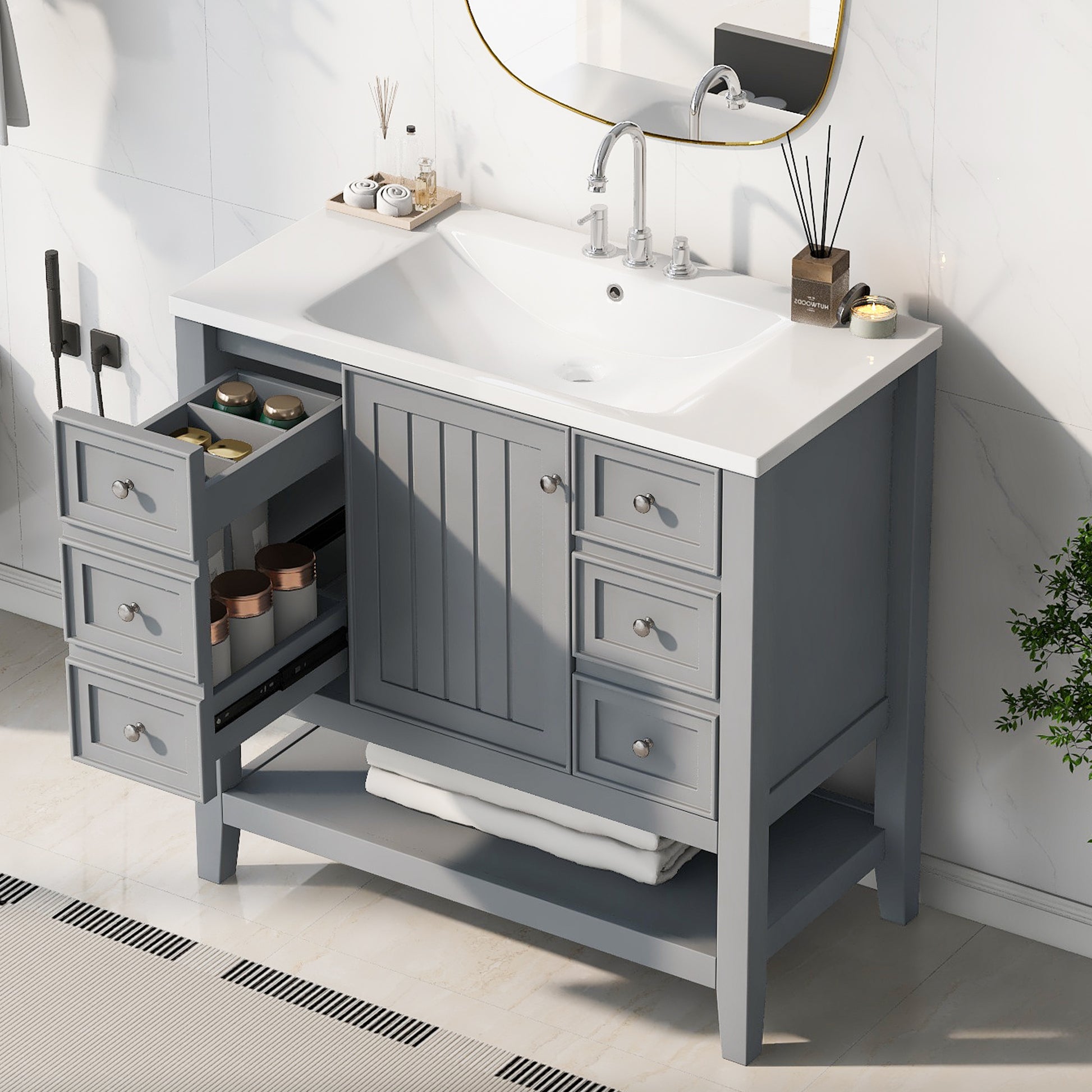 36" Bathroom Vanity With Sink Combo, One Cabinet And Three Drawers, Solid Wood And Mdf Board, Grey Grey Solid Wood Mdf