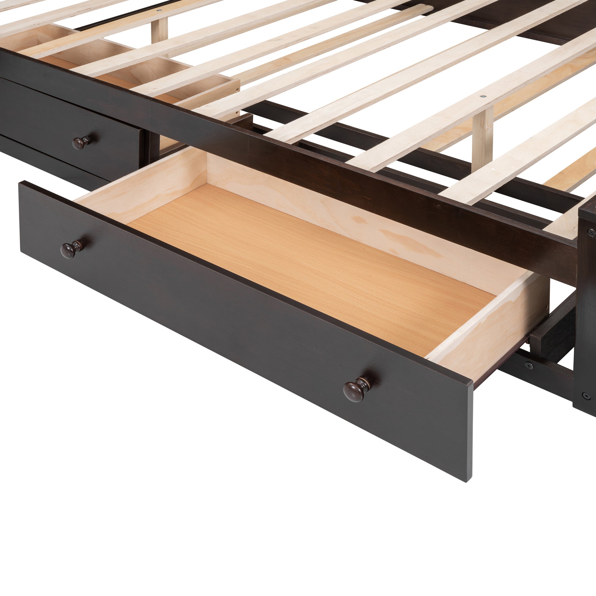 Queen Size Wooden Bed With All In One Cabinet, Shelf And Sockets,Twin Xl Trundle,Espresso Queen Espresso Solid Wood